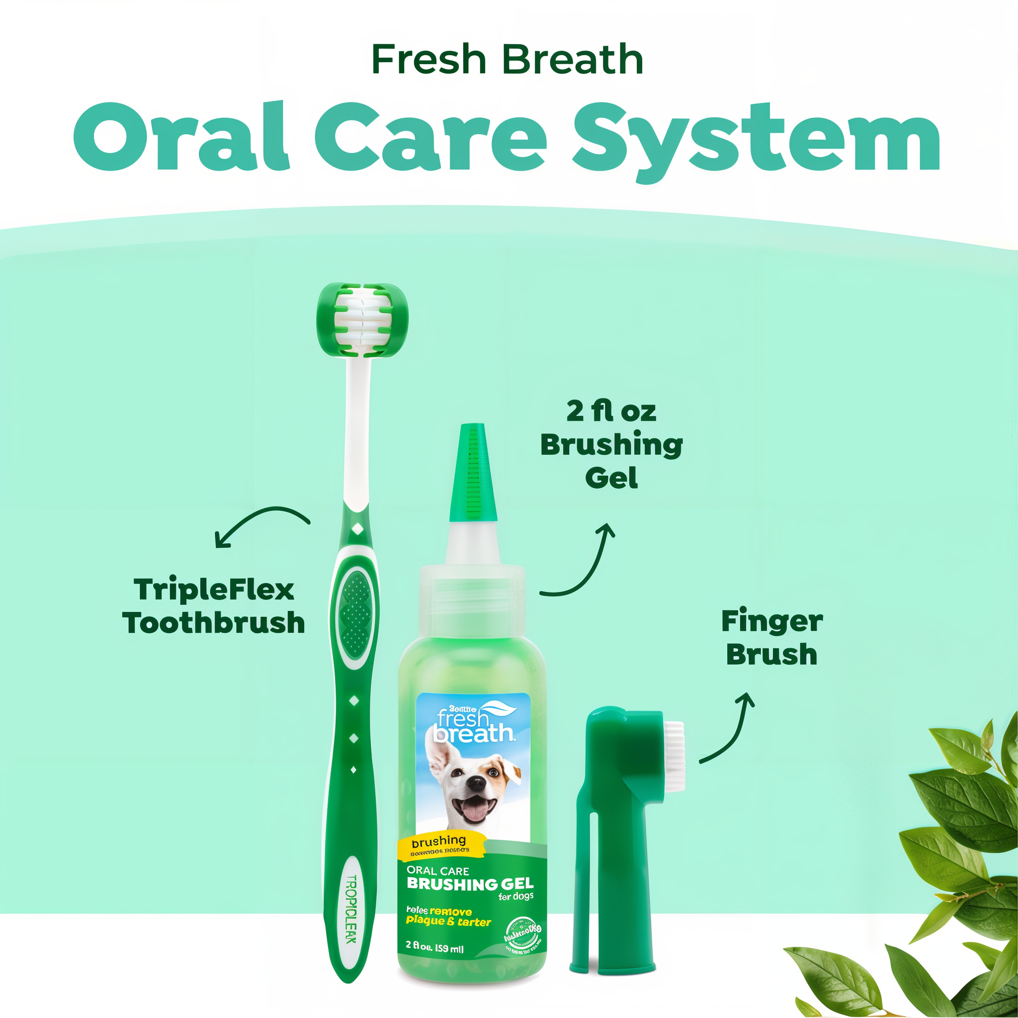 Fresh Breath oral care system with TripleFlex toothbrush, 2 fl oz brushing gel, and finger brush