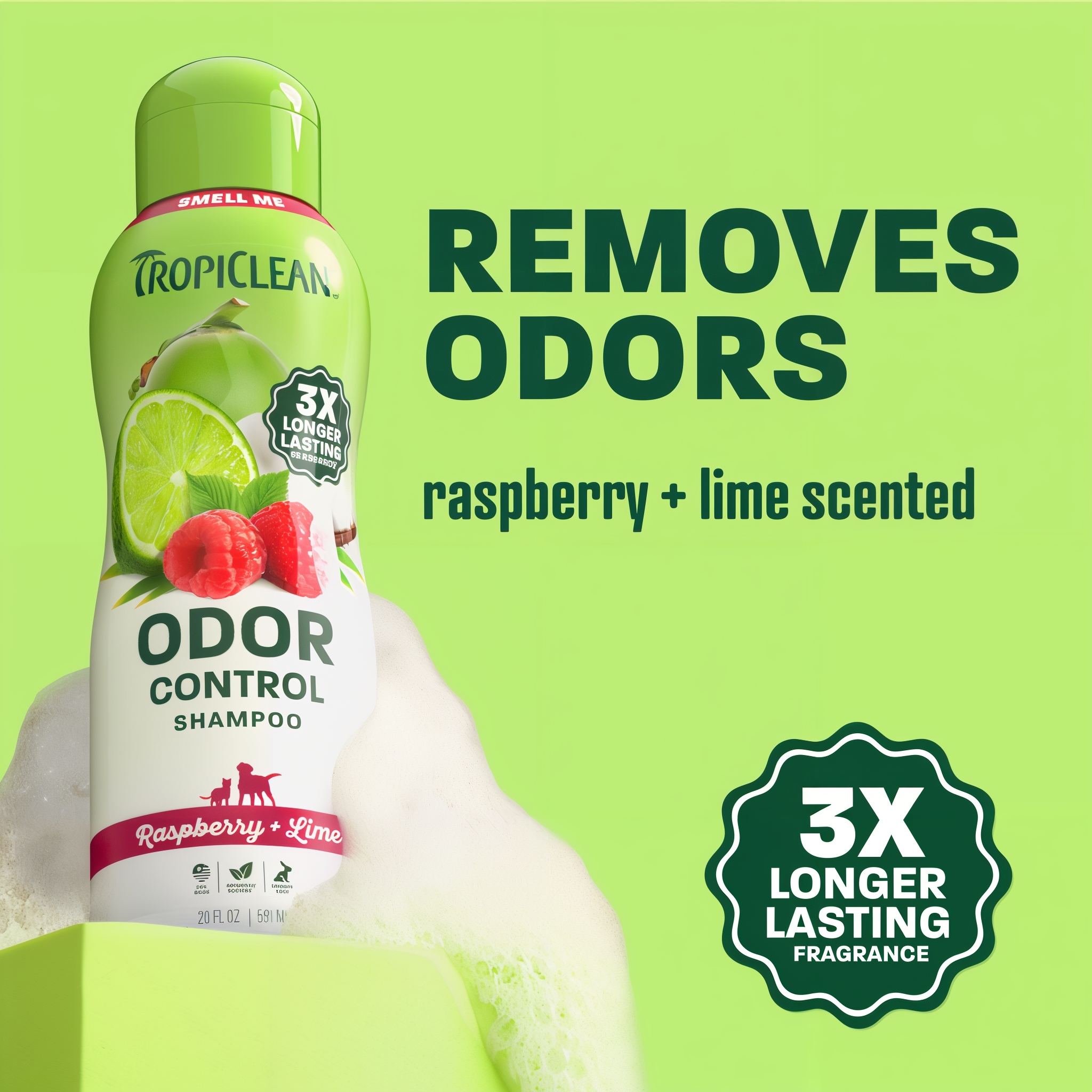 TropiClean Raspberry + Lime shampoo removes odors with 3X longer lasting fragrance