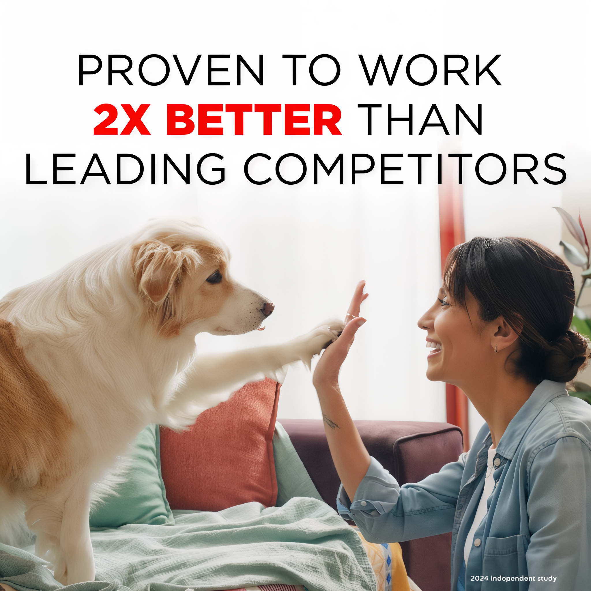 Woman giving a dog a high-five with text claiming effectiveness over competitors of TropiClean Skunk Odor Control Shampoo for Dogs & Cats.