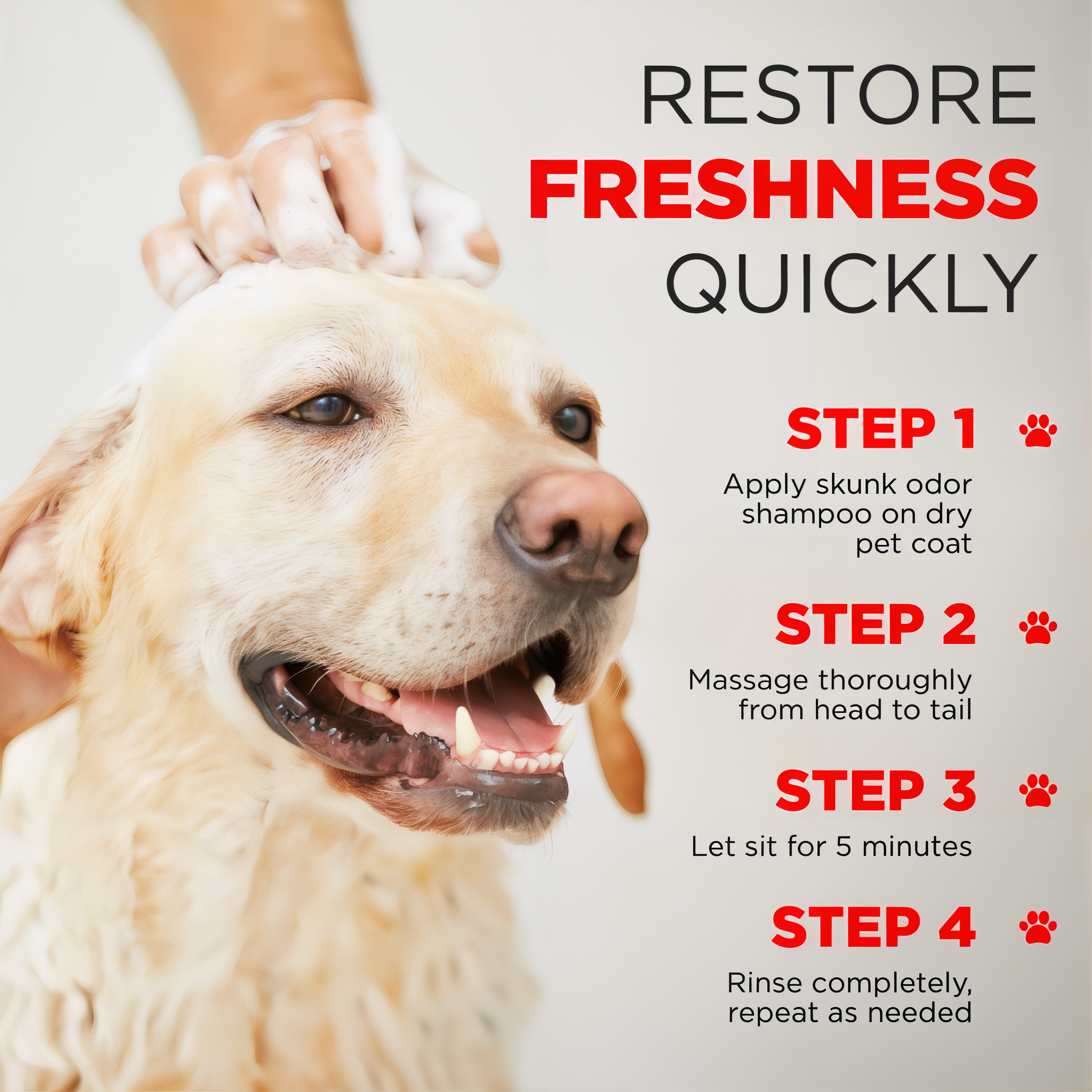 TropiClean Skunk Odor Control Shampoo for Dogs & Cats. Dog being washed with text on how to restore freshness quickly.
