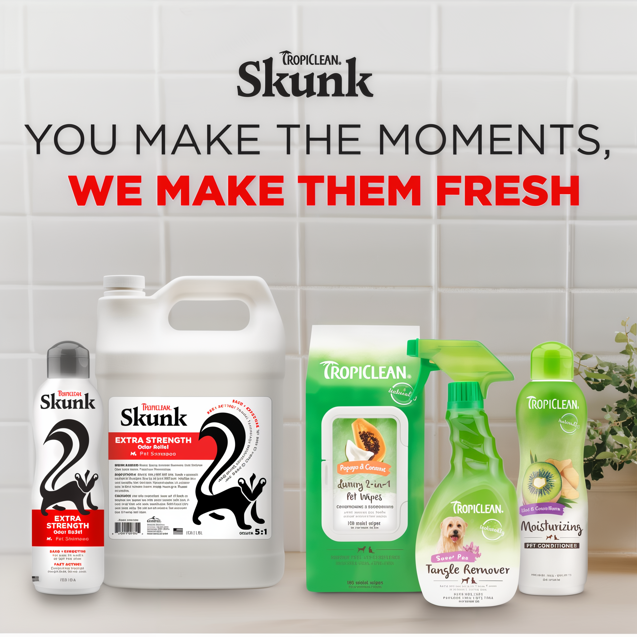 Tropiclean pet care products with promotional text on a tiled background.