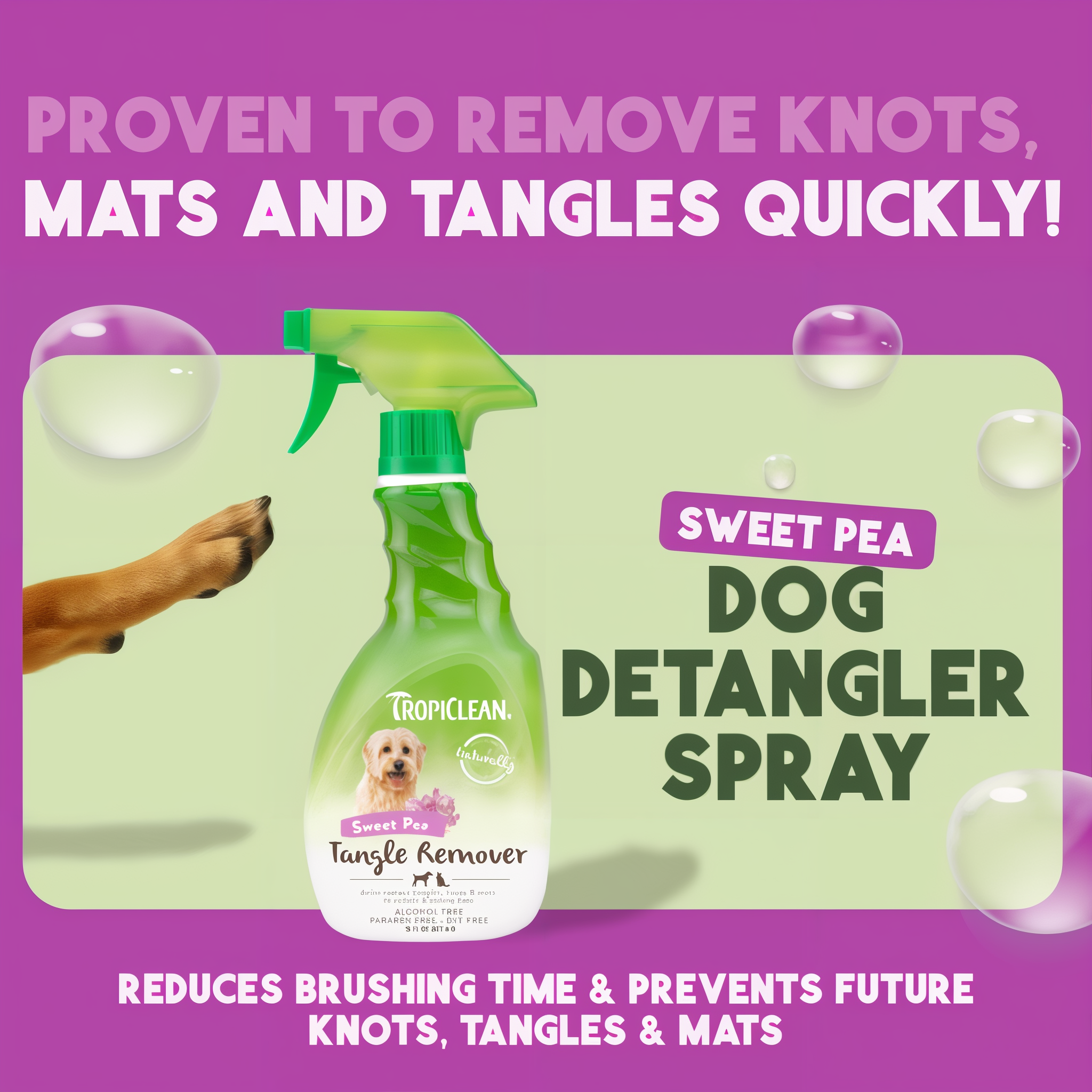 TropiClean Island Bloom Tangle Remover spray bottle with green trigger nozzle on purple and cream background.