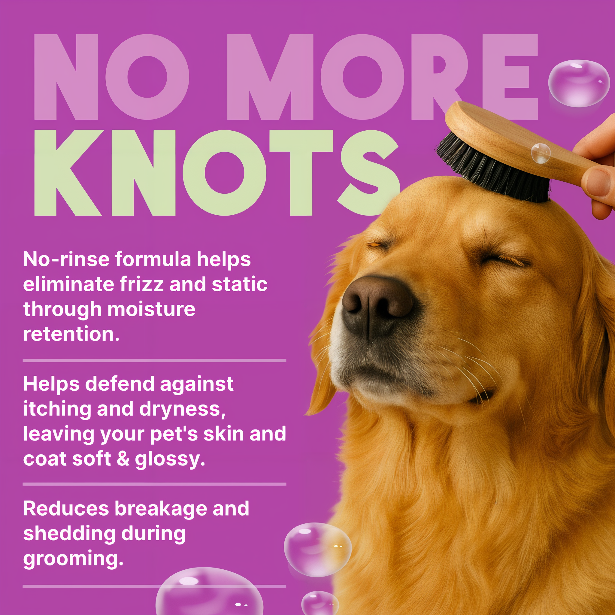 TropiClean Island Bloom Tangle Remover spray bottle with golden retriever and wooden brush on purple background.