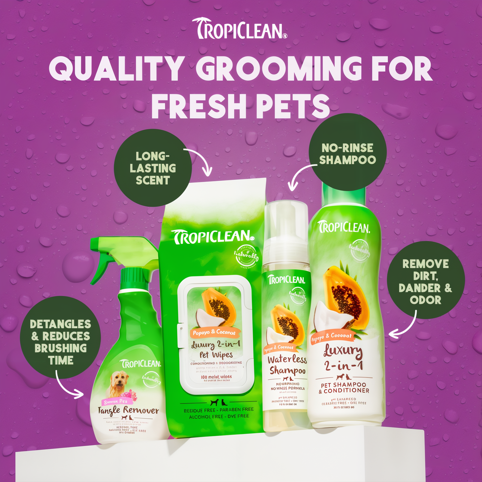 TropiClean Island Bloom Tangle Remover spray bottle with green label and papaya fruit imagery on purple background.