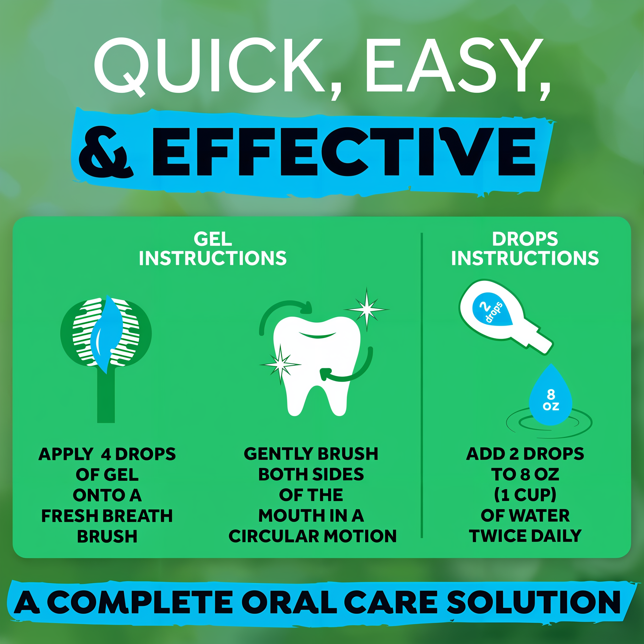 Quick easy and effective gel and drops instructions for a complete oral care solution