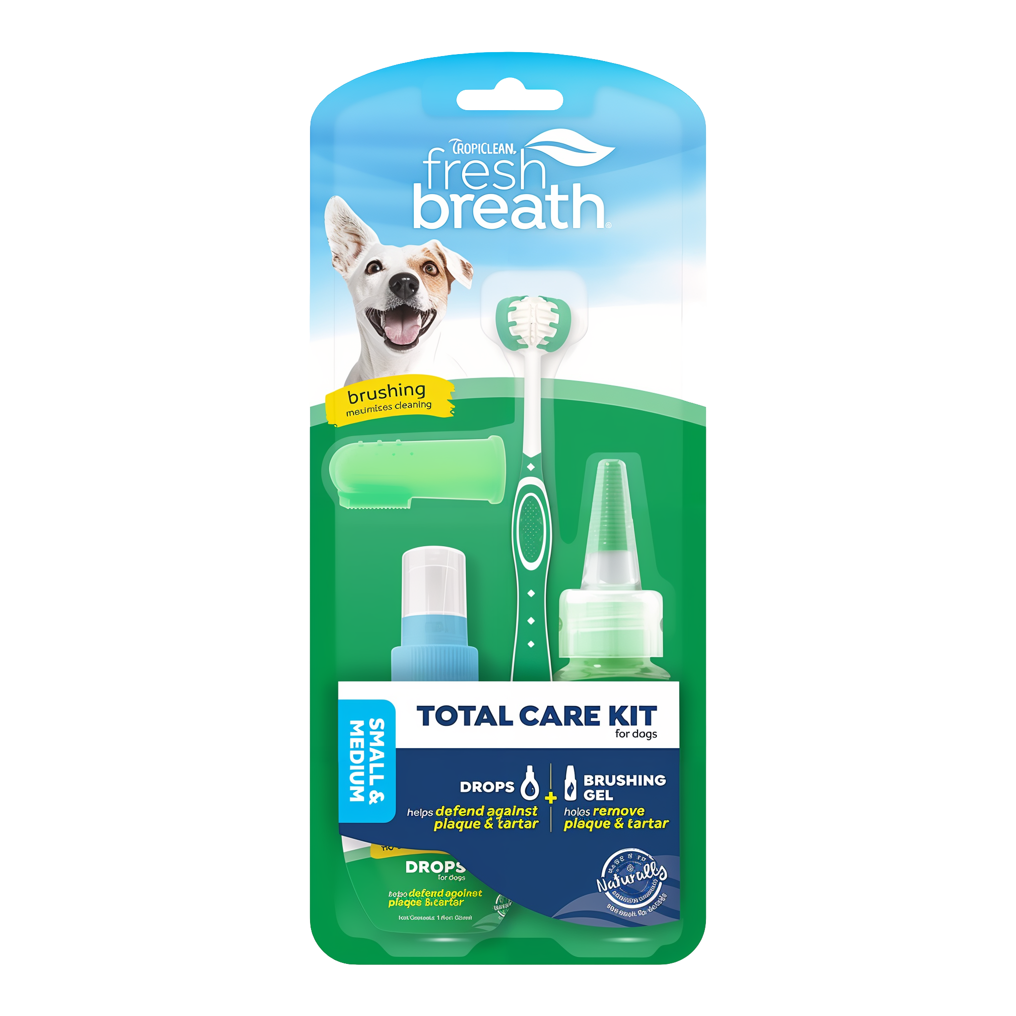 TropiClean Fresh Breath Total Care Kit for Small and Medium Dogs package front with drops, brushing gel, TripleFlex toothbrush, and finger brush