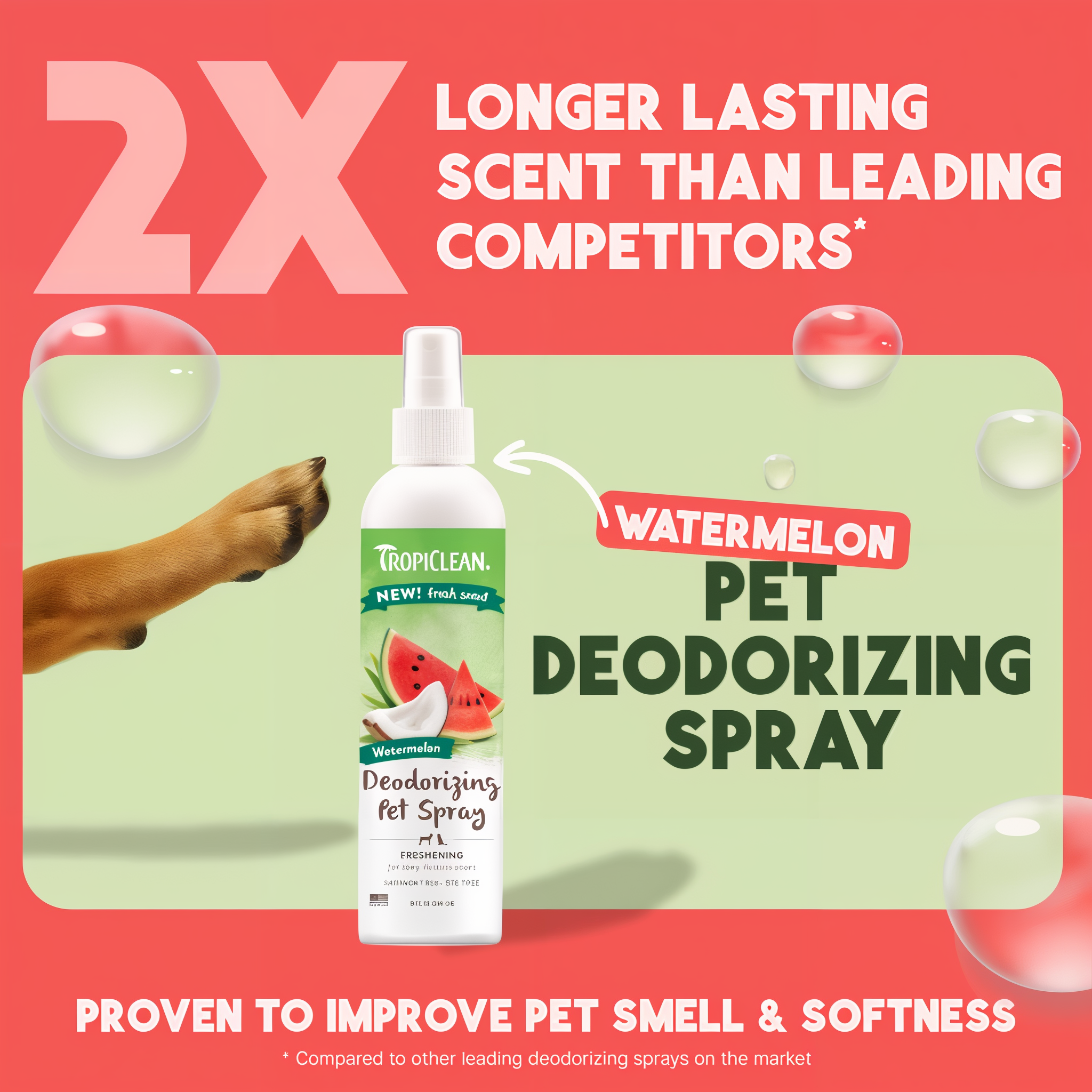 TropiClean Watermelon Deodorizing Spray for Dogs and Cats with promotional text on a red background