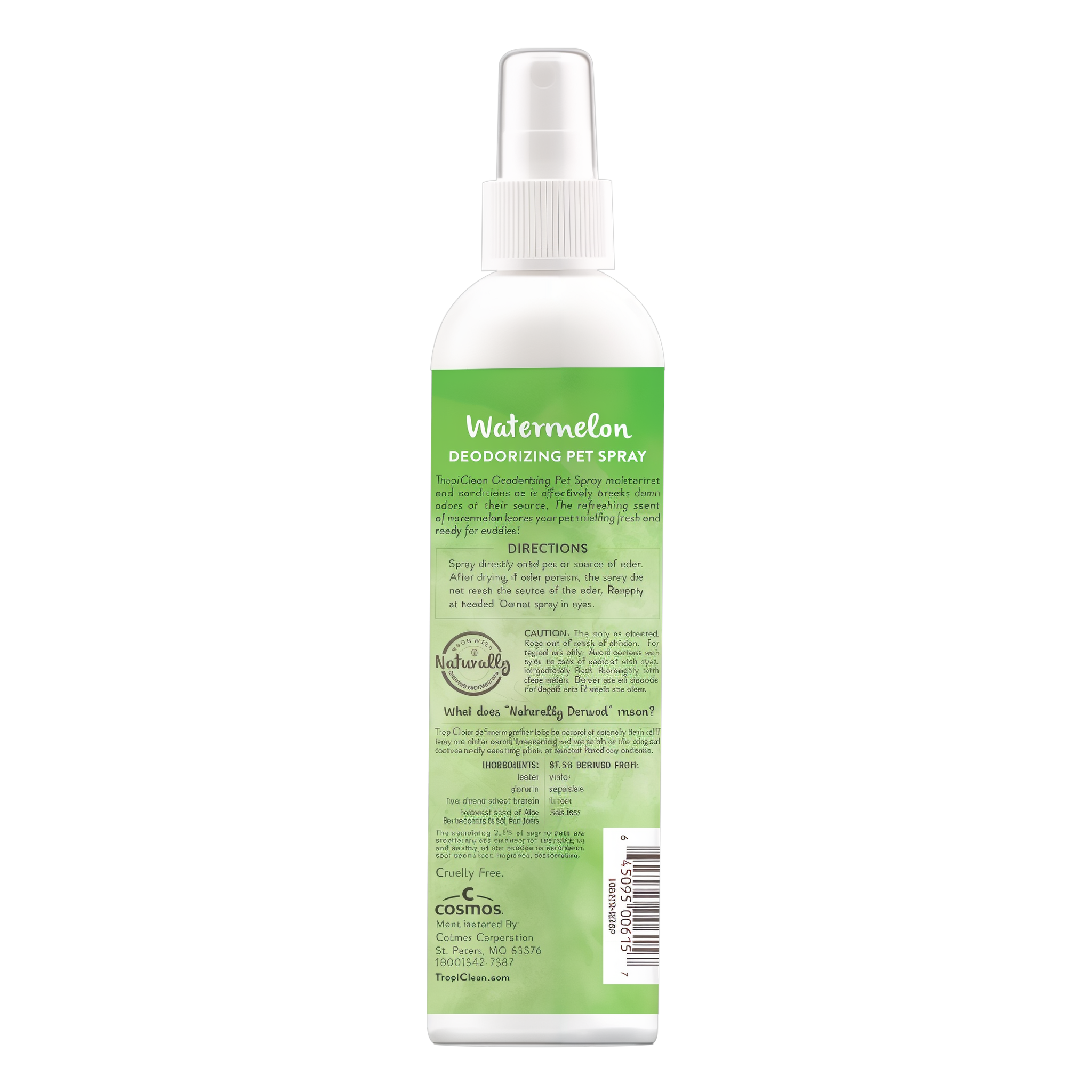 TropiClean Watermelon Deodorizing Spray for Dogs and Cats, image of back of bottle