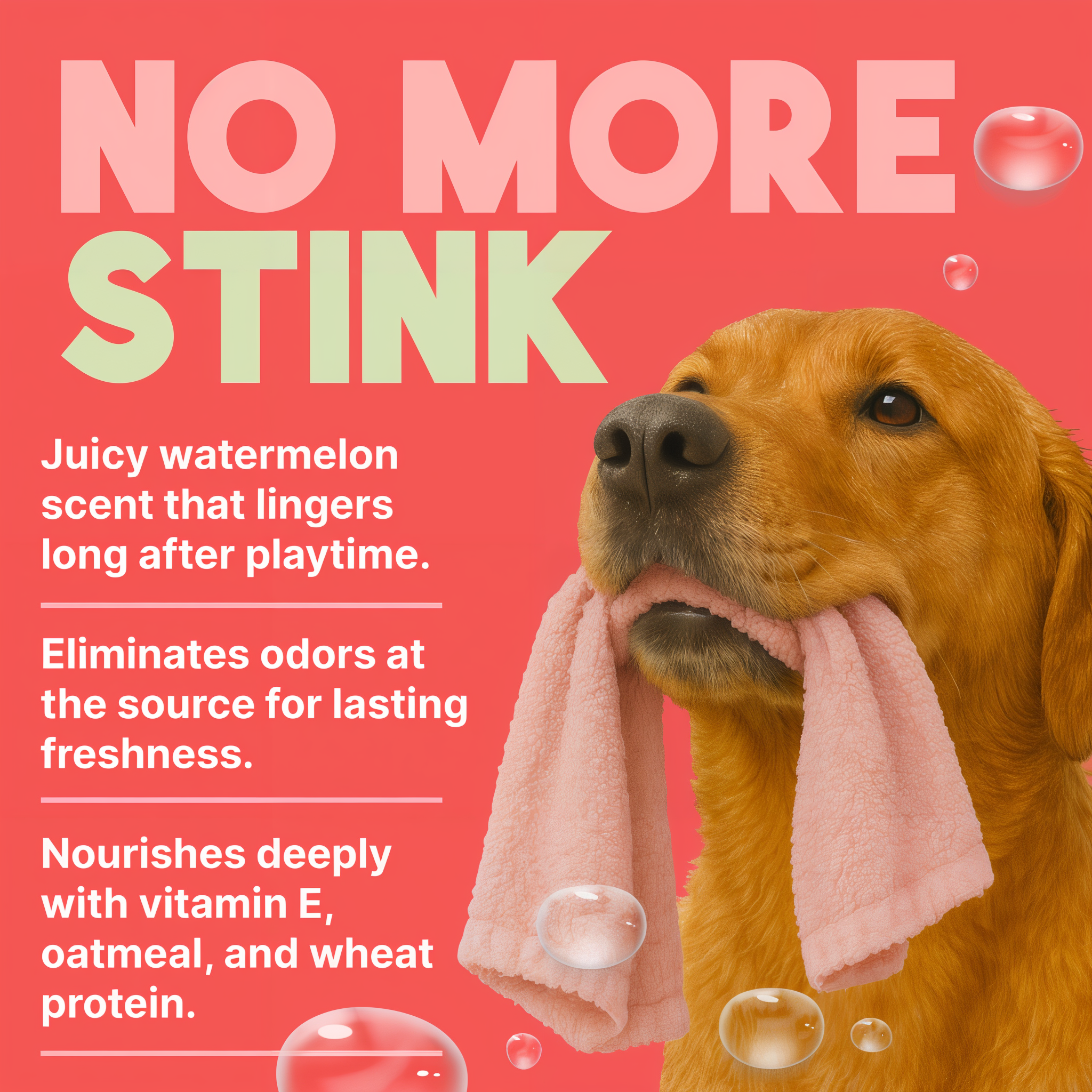 Dog with a pink towel on a pink background with text about TropiClean product