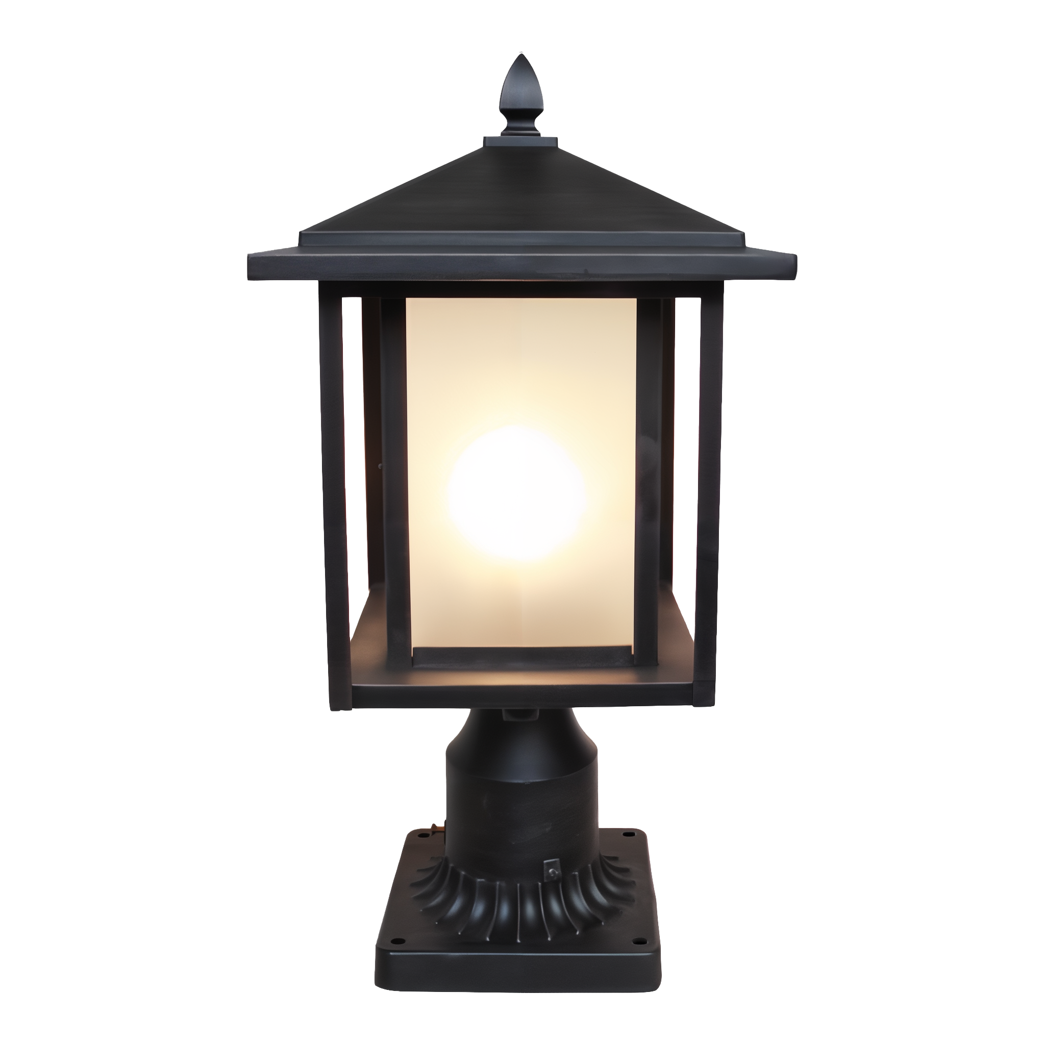 Tru-Scapes Modern Pillar Light TS-PL101 — Matte Black powder-coat aluminum, frosted glass, G4 LED 2700K, studio view #Black#2700K