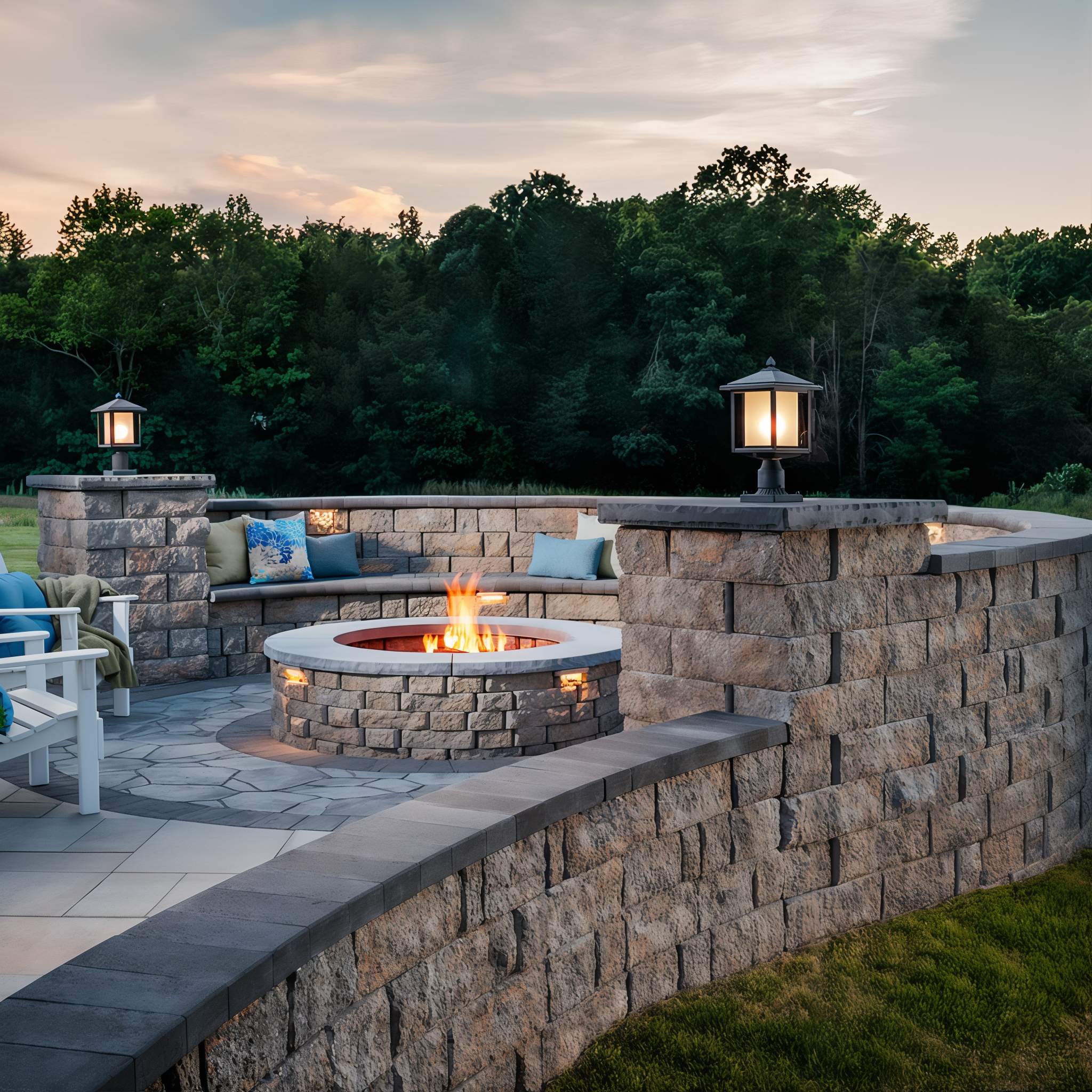 Tru-Scapes Modern Pillar Light TS-PL101 — pair flanking circular fire pit on paver patio at dusk