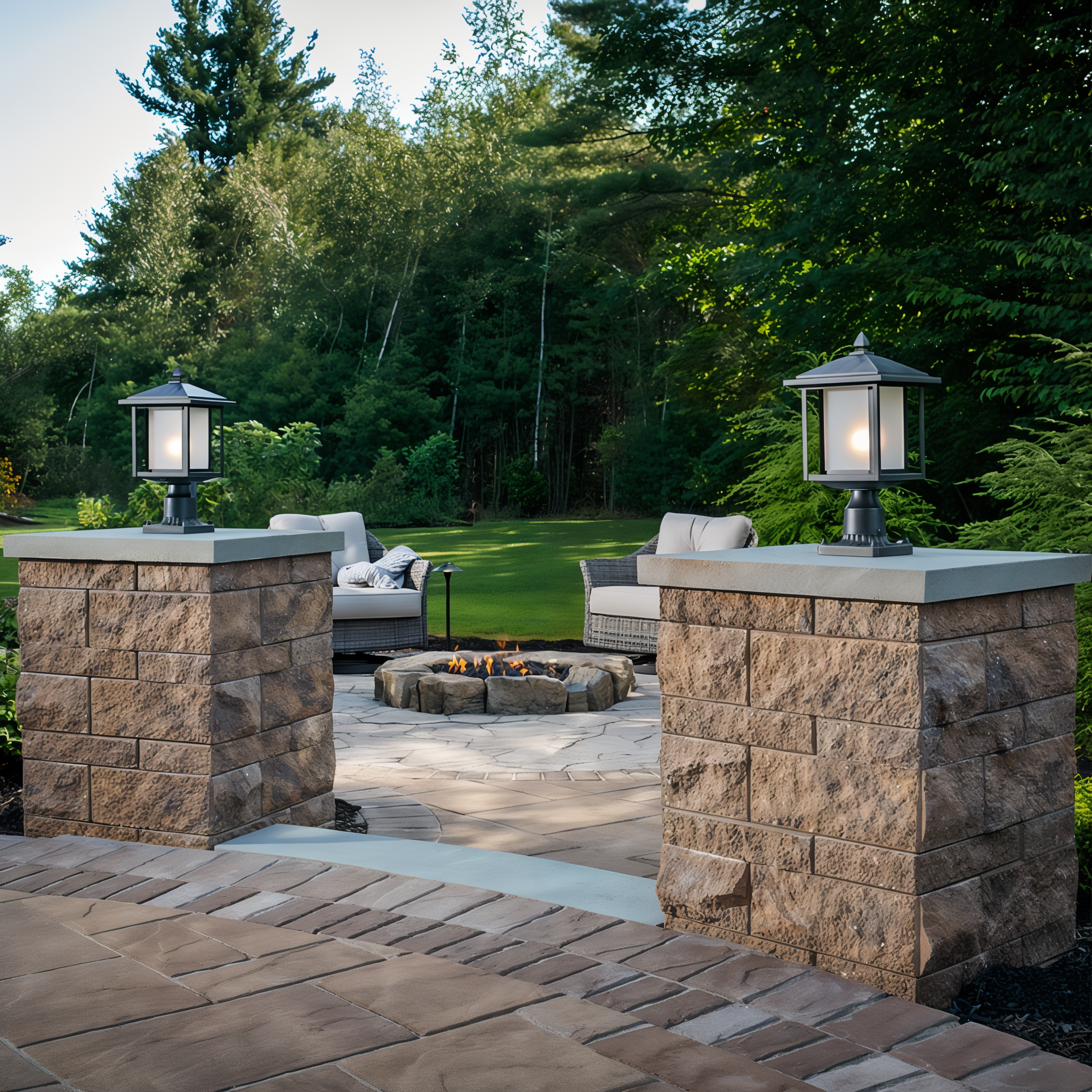 Tru-Scapes Modern Pillar Light TS-PL101 — twilight column-cap fire pit application