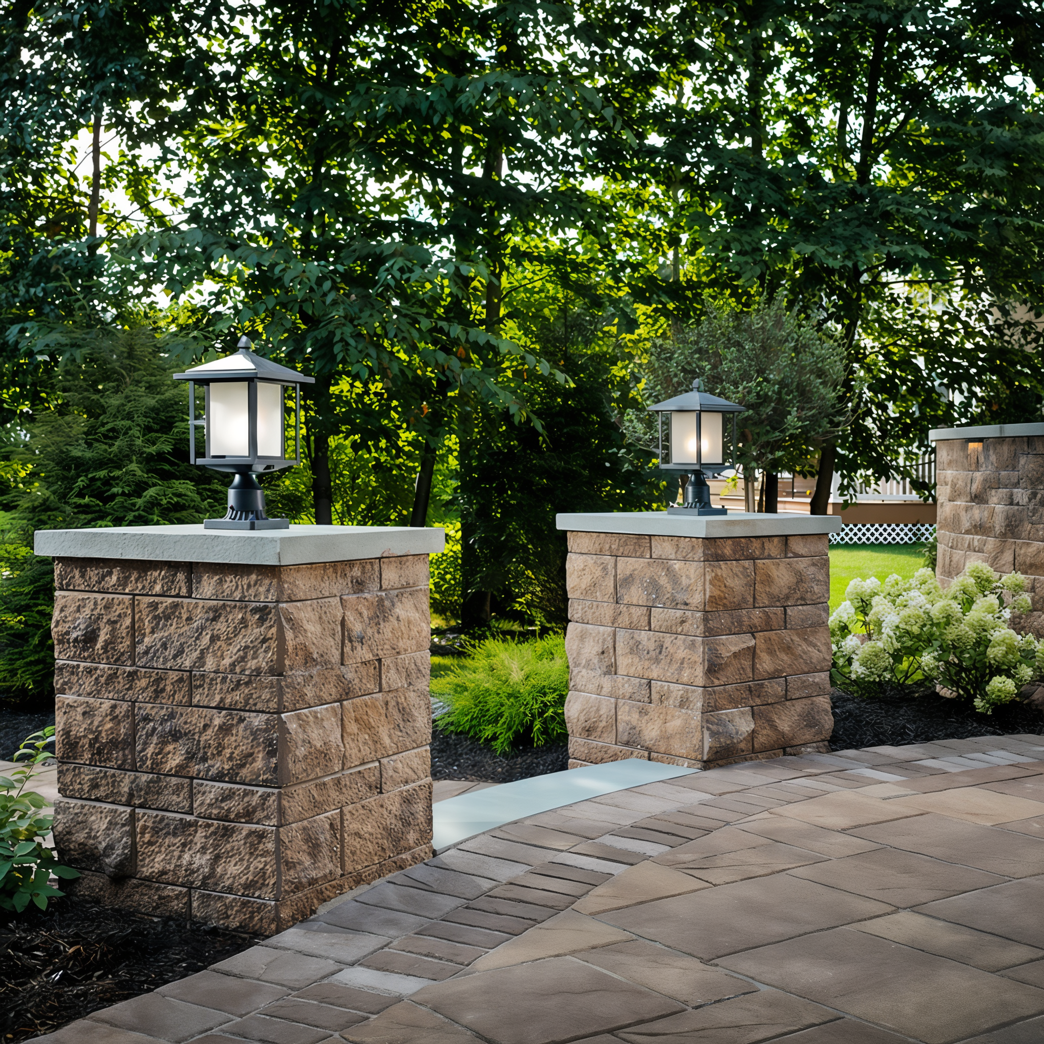 Tru-Scapes Modern Pillar Light TS-PL101 — three columns capped with pillar lights along walkway
