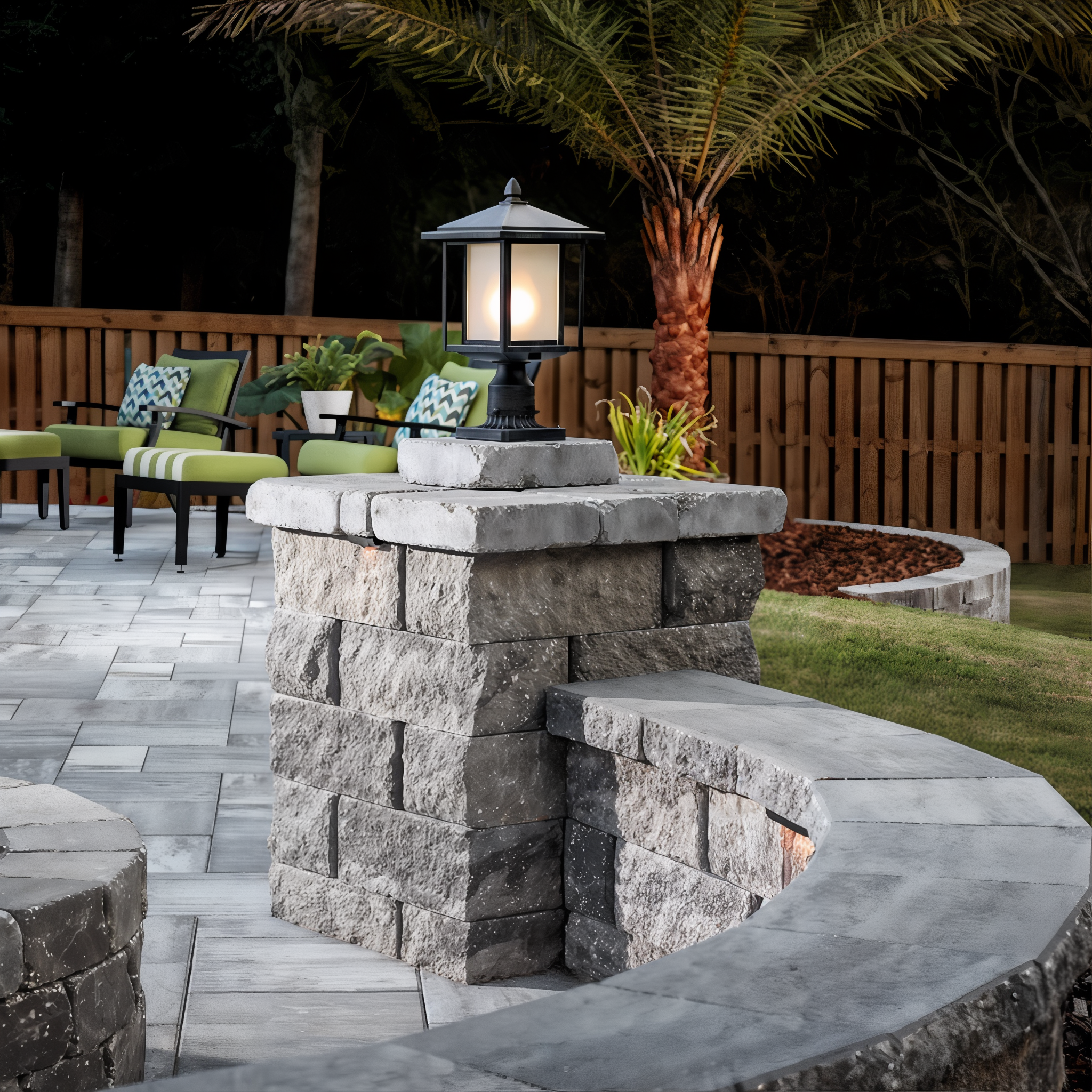 Tru-Scapes Modern Pillar Light TS-PL101 — closeup atop block column on illuminated patio