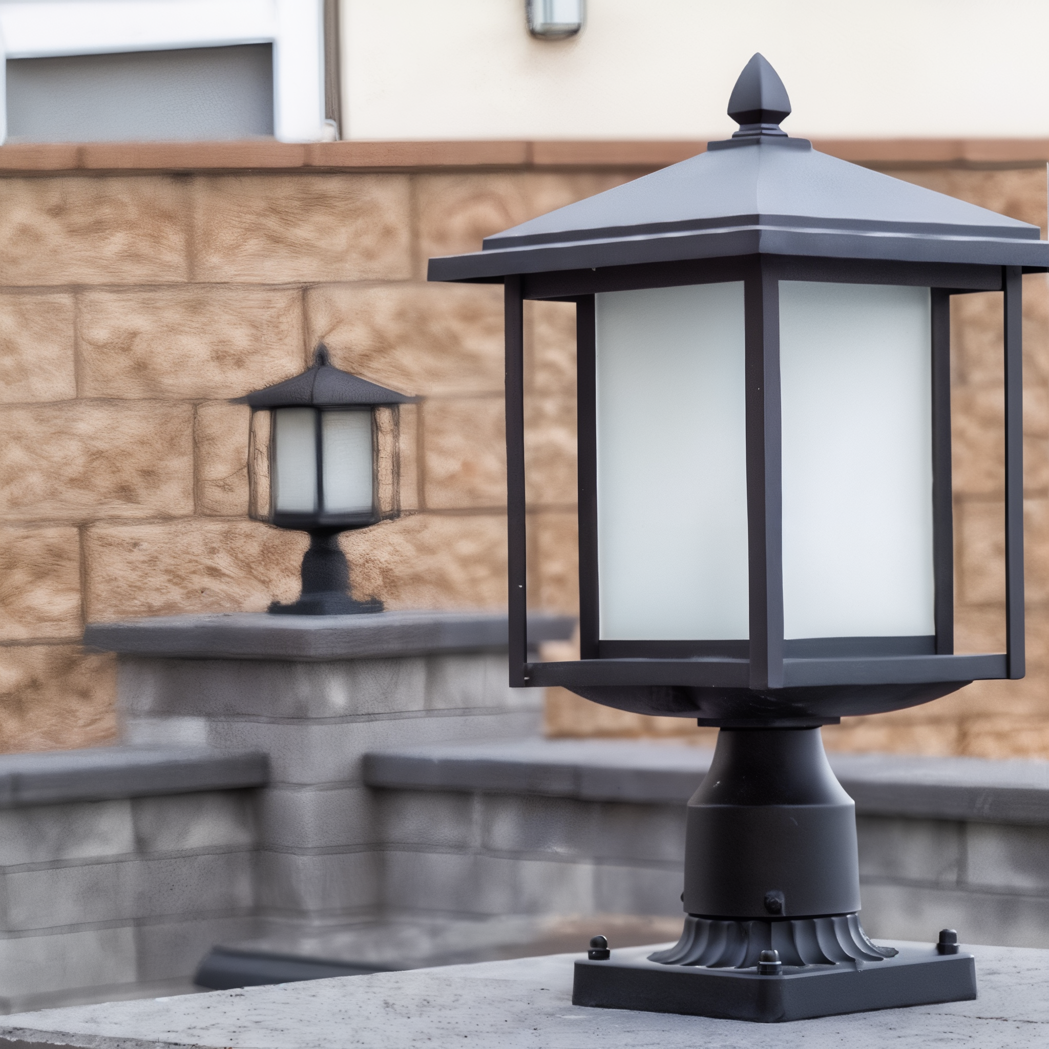 Tru-Scapes Modern Pillar Light TS-PL101 — daytime pair on block columns against brick wall