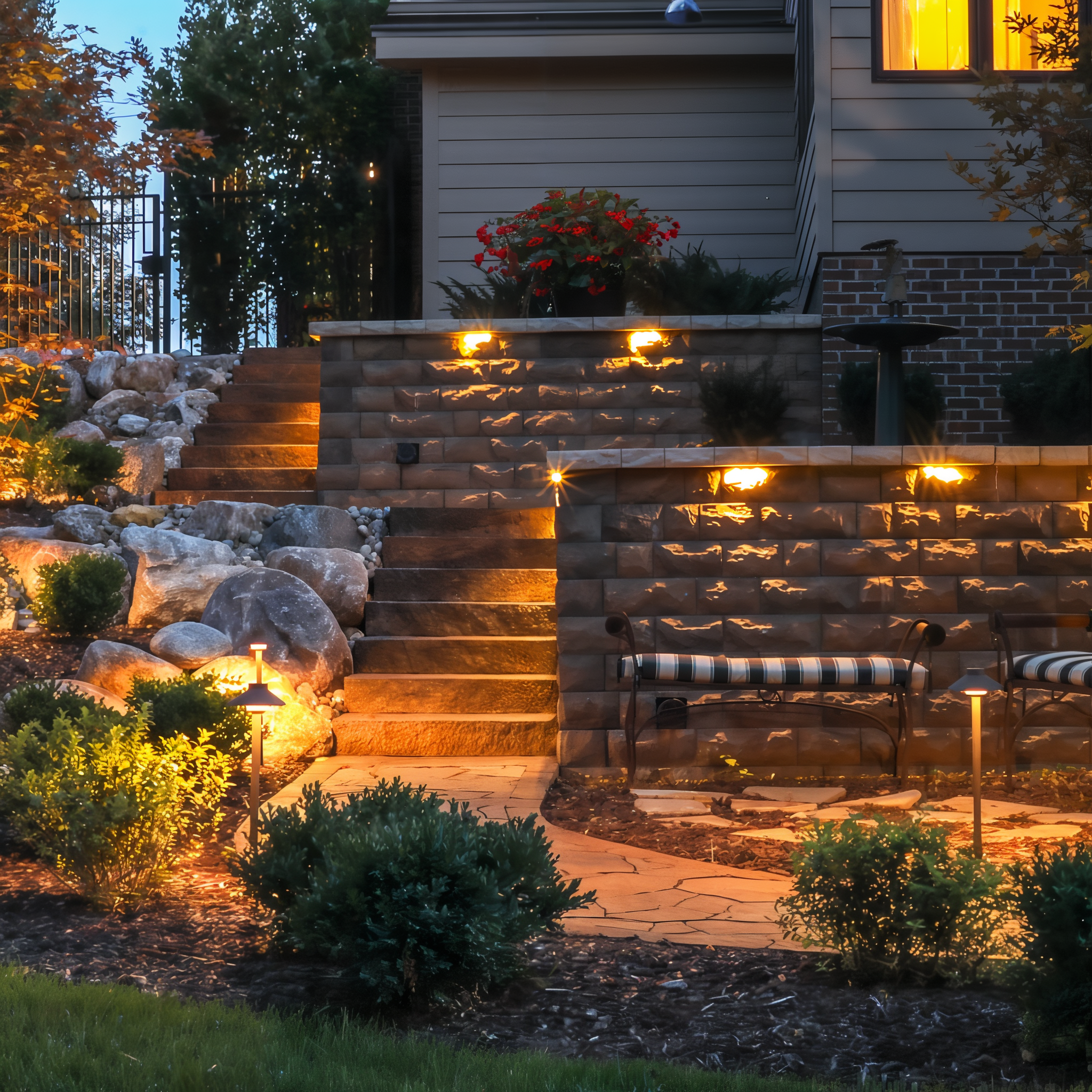 Tru-Scapes Traditional Path Light TS-B301 — installed alongside hardscape paver edge