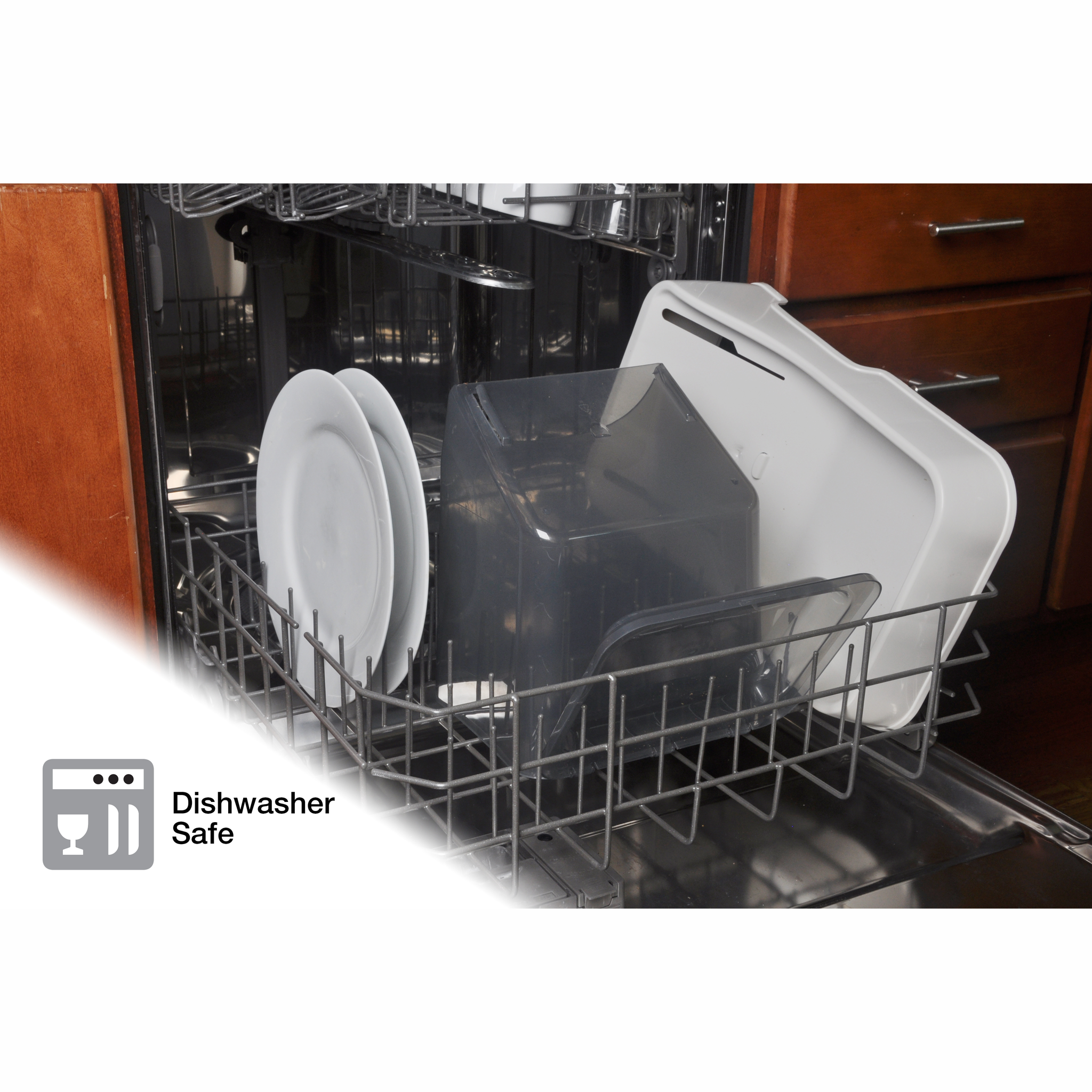 Van Ness Auto Feeder Large 10 lb hopper, lid and base in a dishwasher rack, dishwasher safe