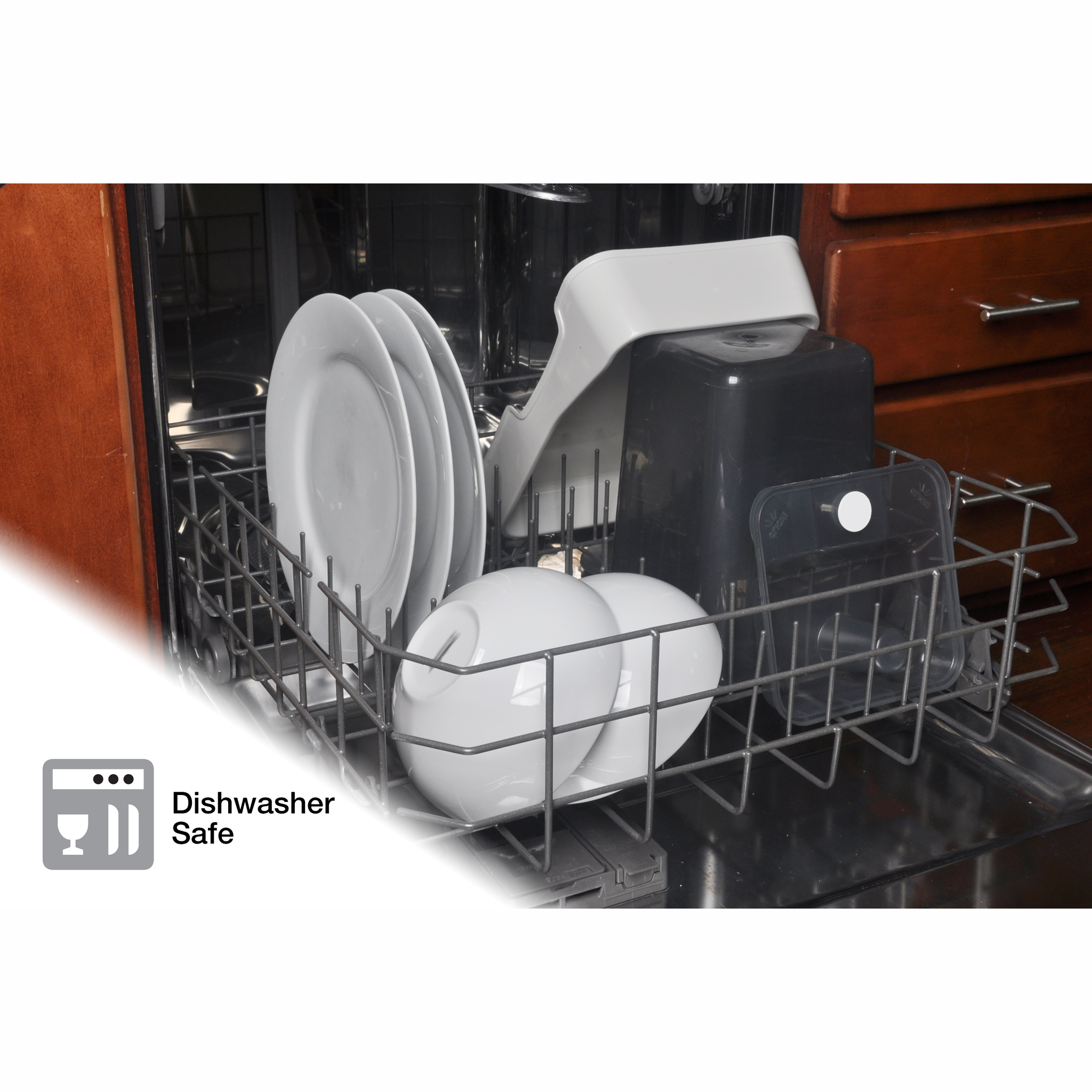 Van Ness Auto Feeder Medium 6 lb hopper, lid and base in a dishwasher rack, dishwasher safe