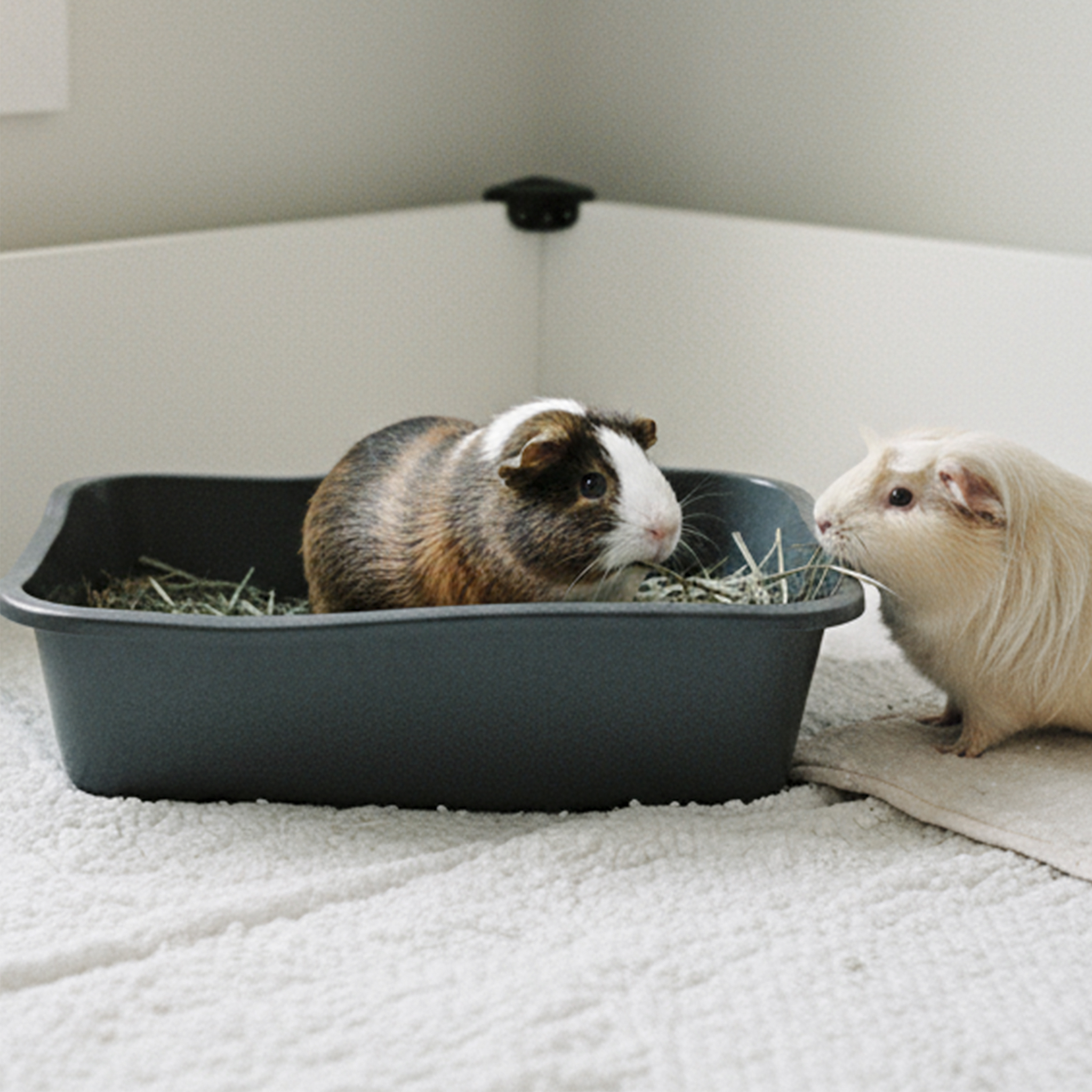 Two guinea pigs using the Van Ness Cat Litter Pan Small as a hay and litter tray