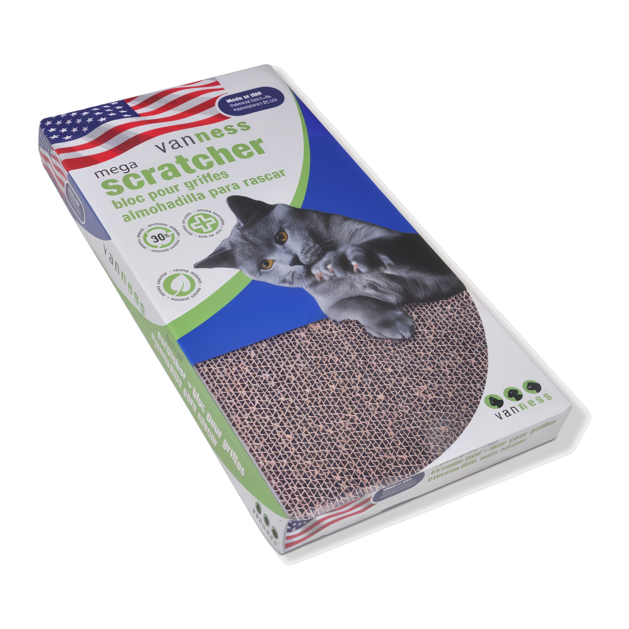 Van Ness Cat Scratch Pad Double-Wide in retail packaging, angled view