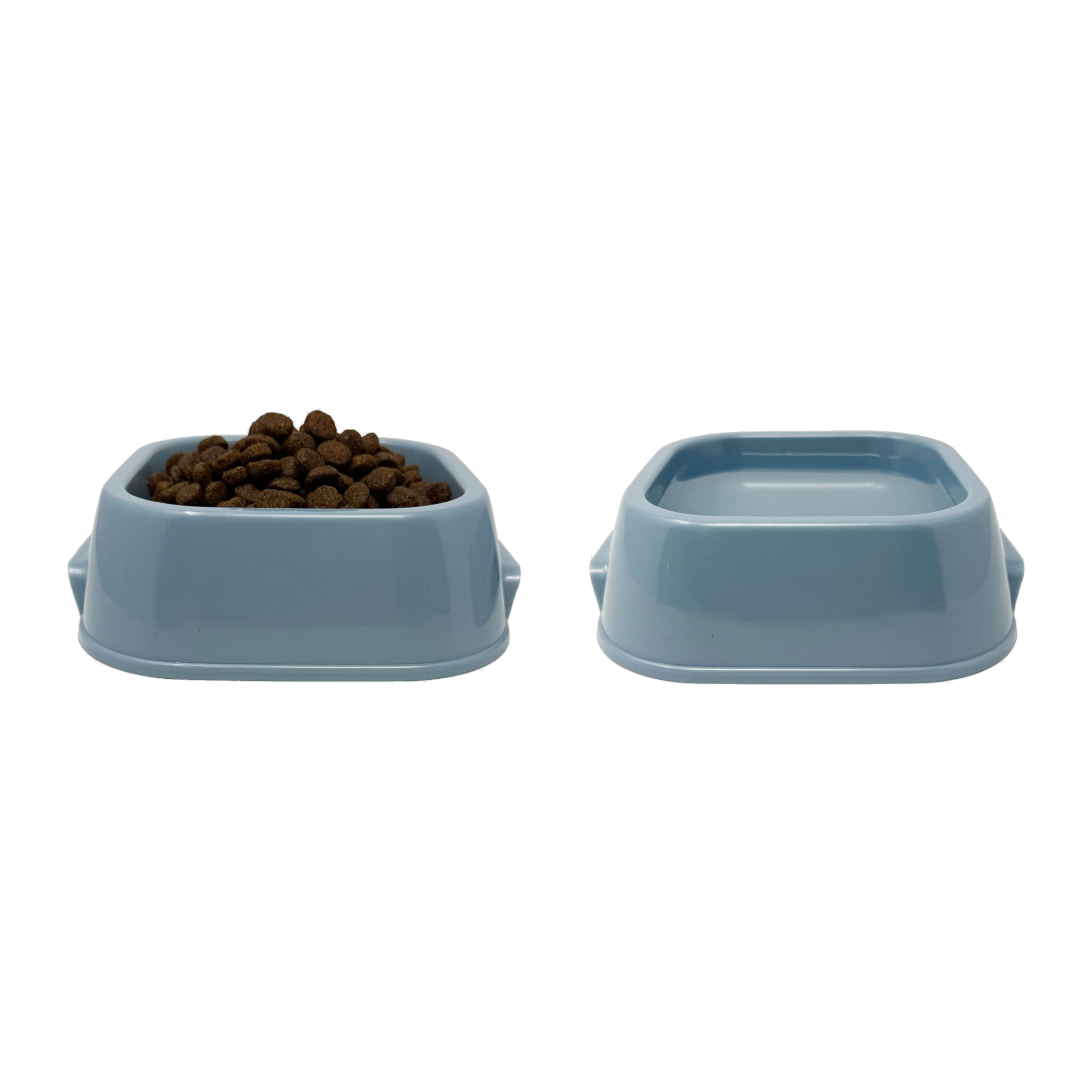 Two Van Ness Lightweight Plastic Pet Dish Medium 20 oz dishes, one with kibble and one with water