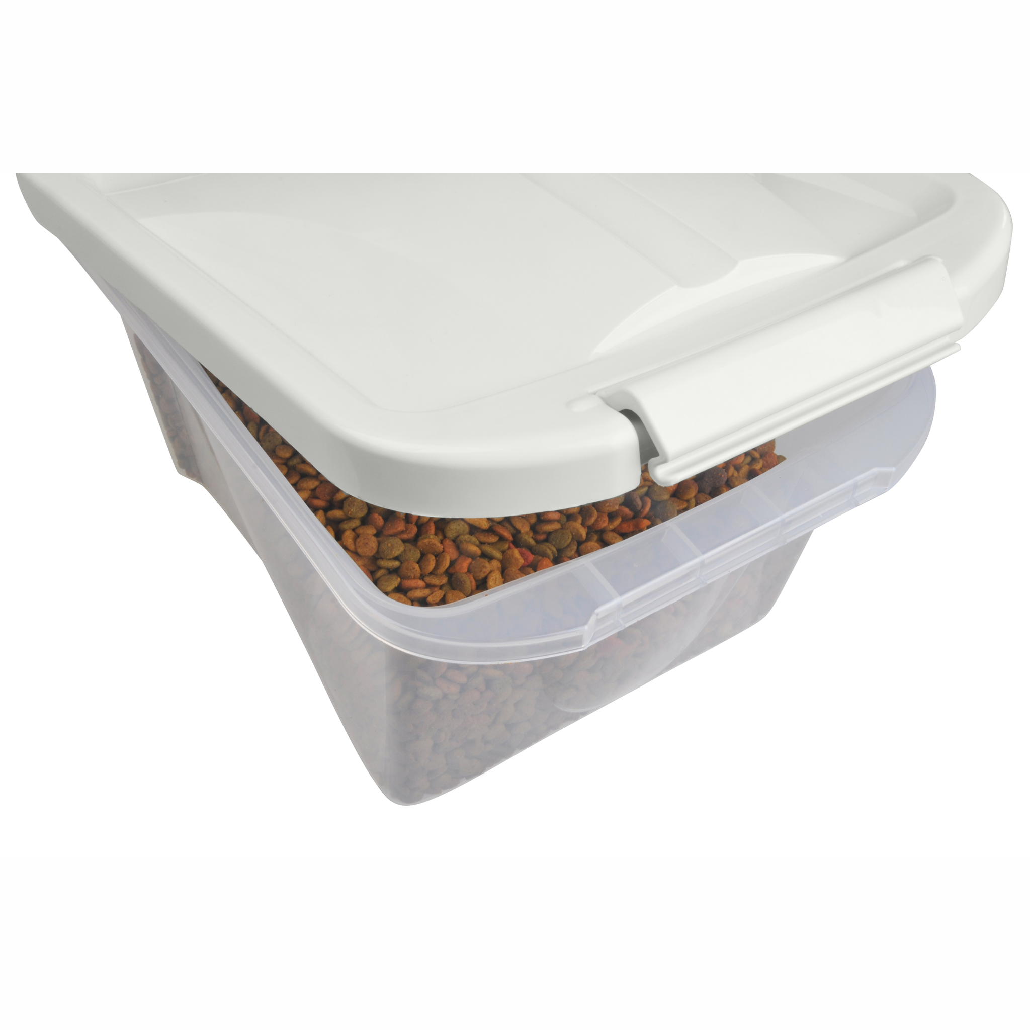 Van Ness Pet Food Container 5 lb filled with kibble with the lid open