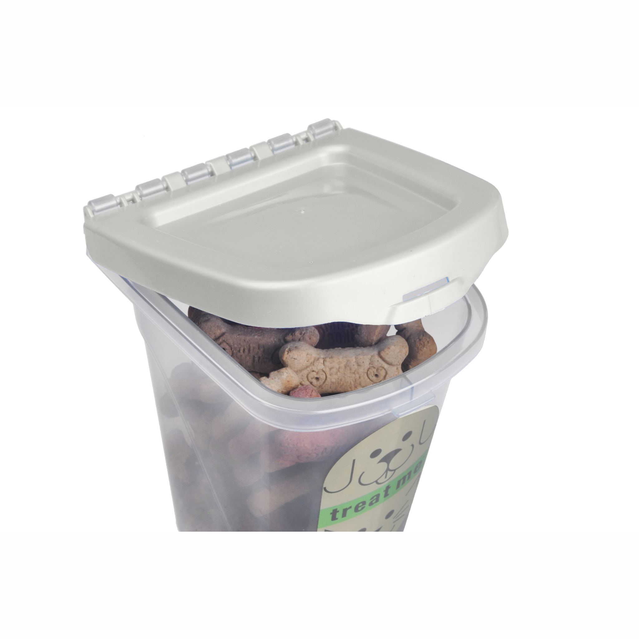 Van Ness Treat Me Pet Treat Container 2 lb filled with dog treats with the lid open