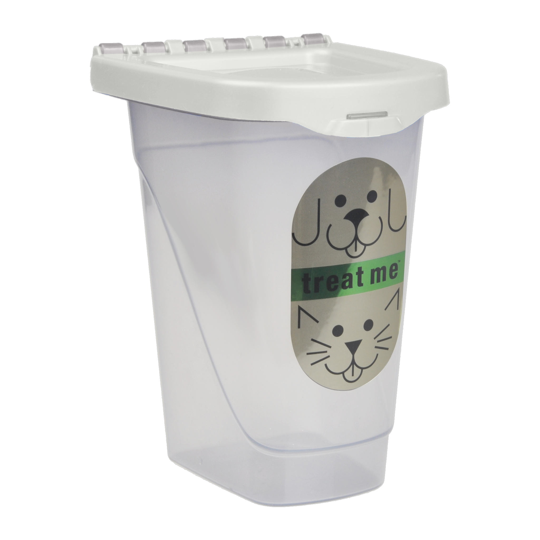 Van Ness Treat Me Pet Treat Container 2 lb with flip-top Fresh-Tite lid, angled view