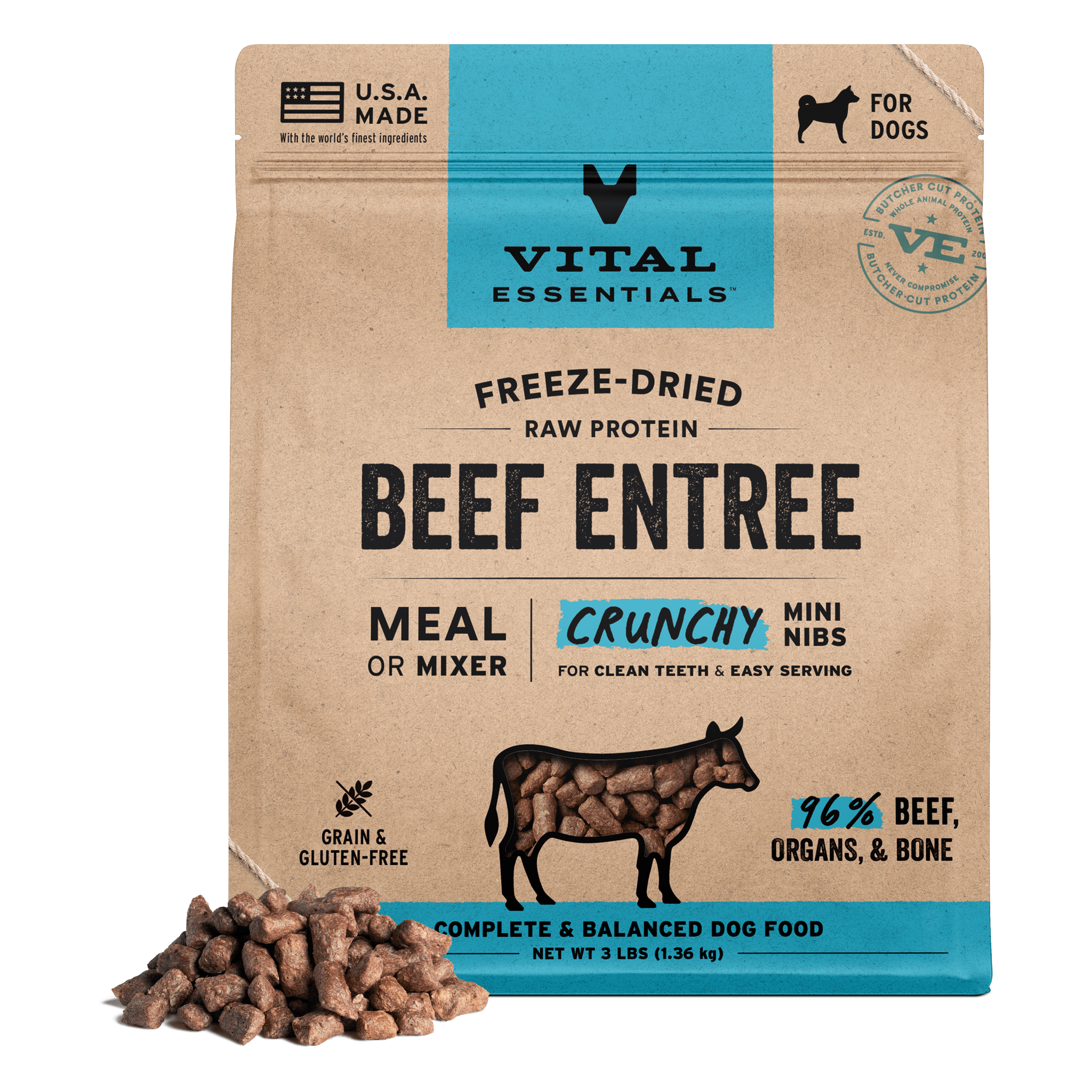 Vital Essentials Freeze-Dried Raw Beef Entree Crunchy Mini Nibs dog food 3 lb bag with kibble pile