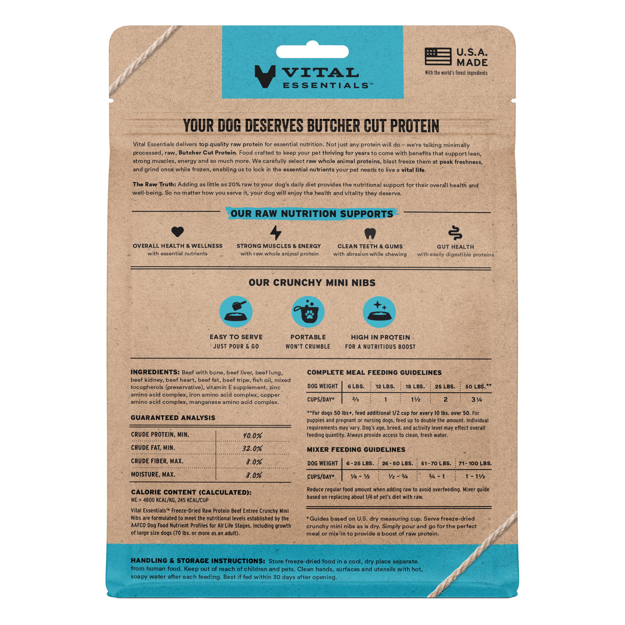 Back of the 5.5 oz Beef Entree crunchy mini nibs bag with ingredients and feeding guides