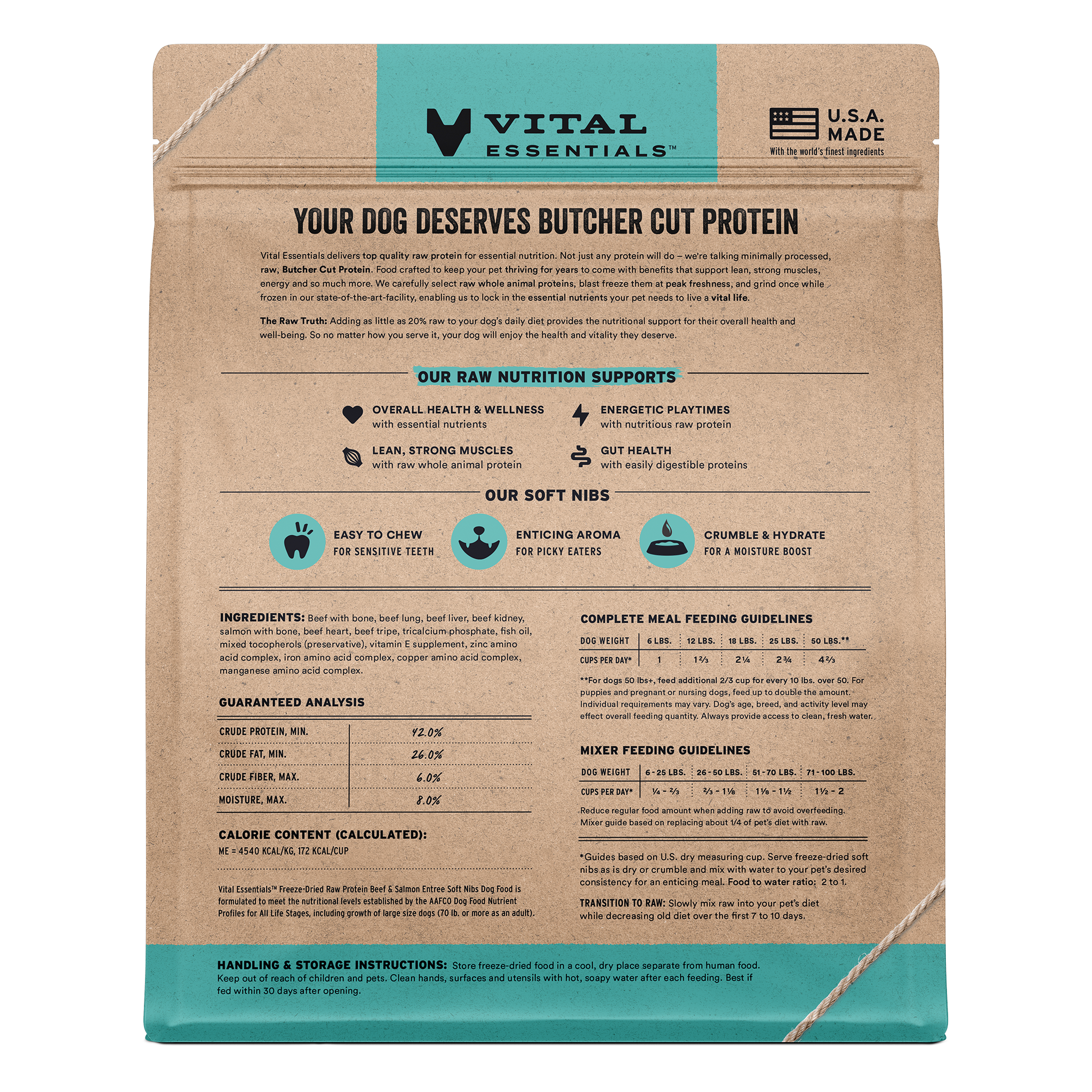 Back of the Beef & Salmon soft nibs bag with ingredients, guaranteed analysis, and feeding guide