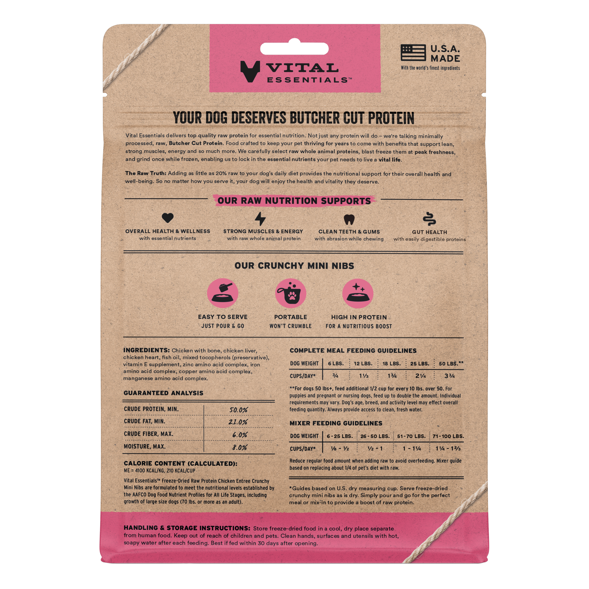 Back of the Chicken Entree crunchy mini nibs bag with ingredients, guaranteed analysis and feeding guides