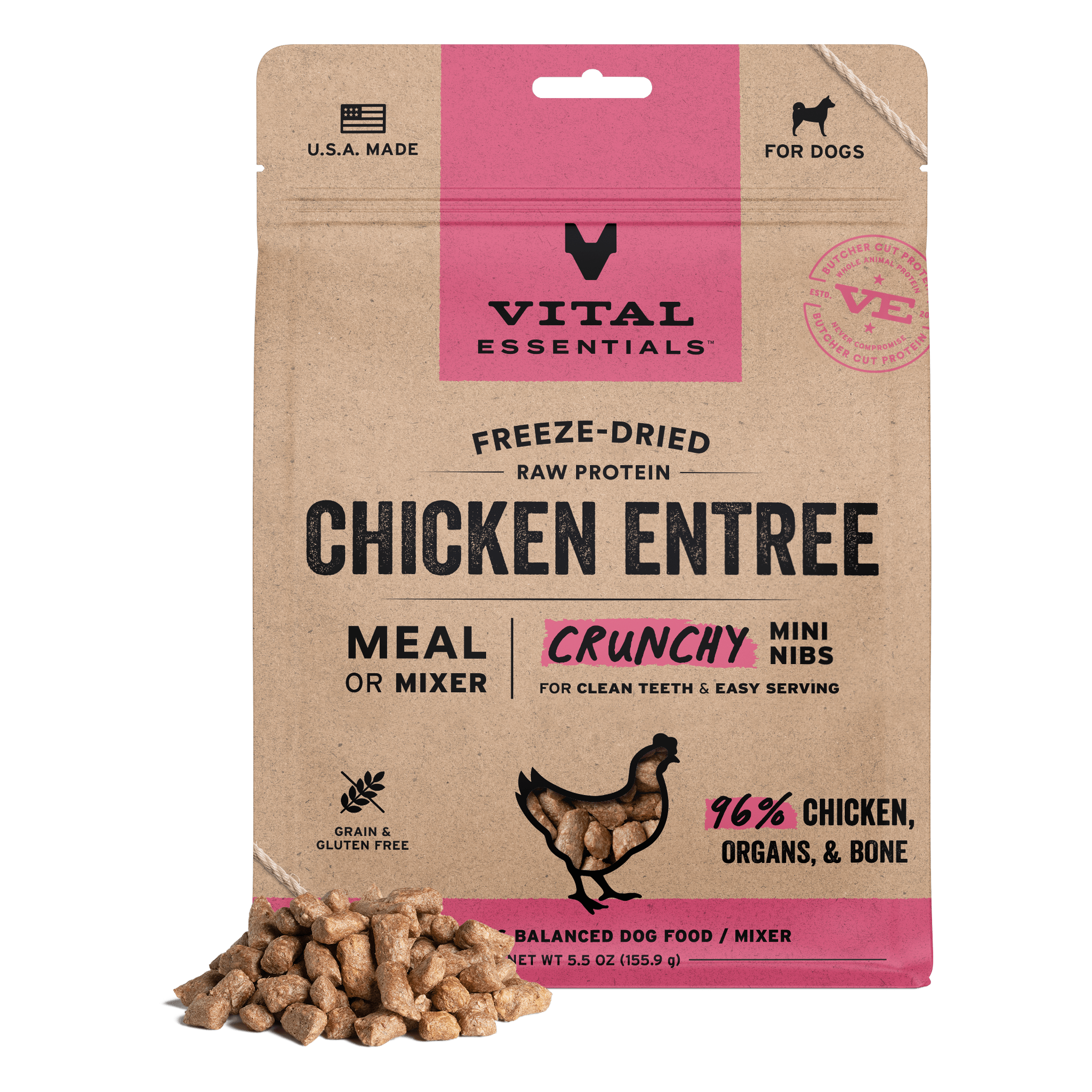 Vital Essentials Freeze-Dried Raw Chicken Entree Crunchy Mini Nibs dog food bag front with a pile of nibs