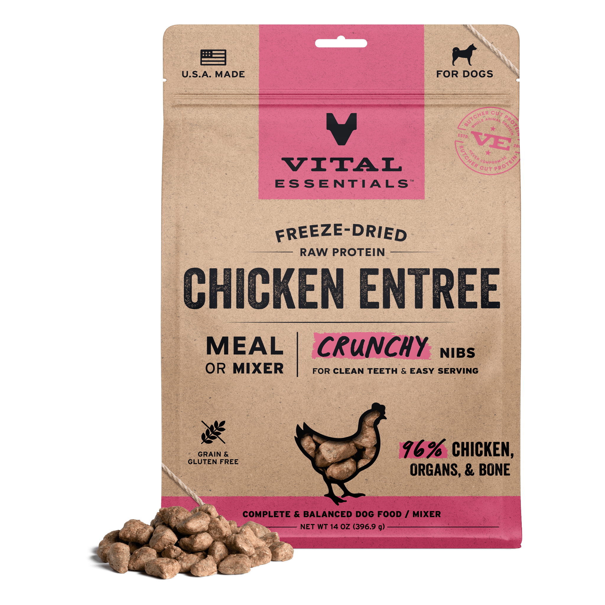 Vital Essentials Freeze-Dried Raw Chicken Entree Nibs dog food bag front with a pile of nibs