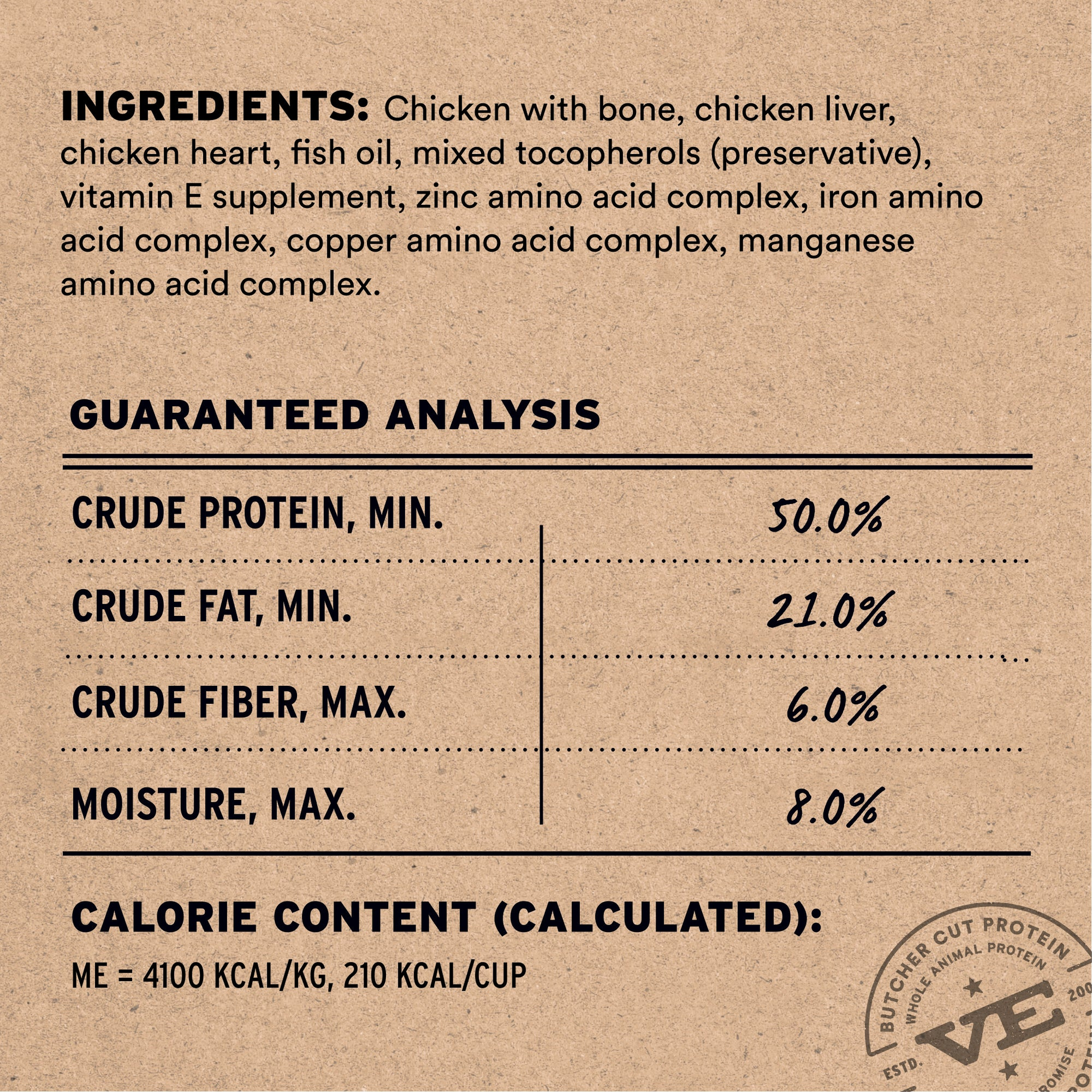 Chicken recipe ingredients list, guaranteed analysis, and calorie content