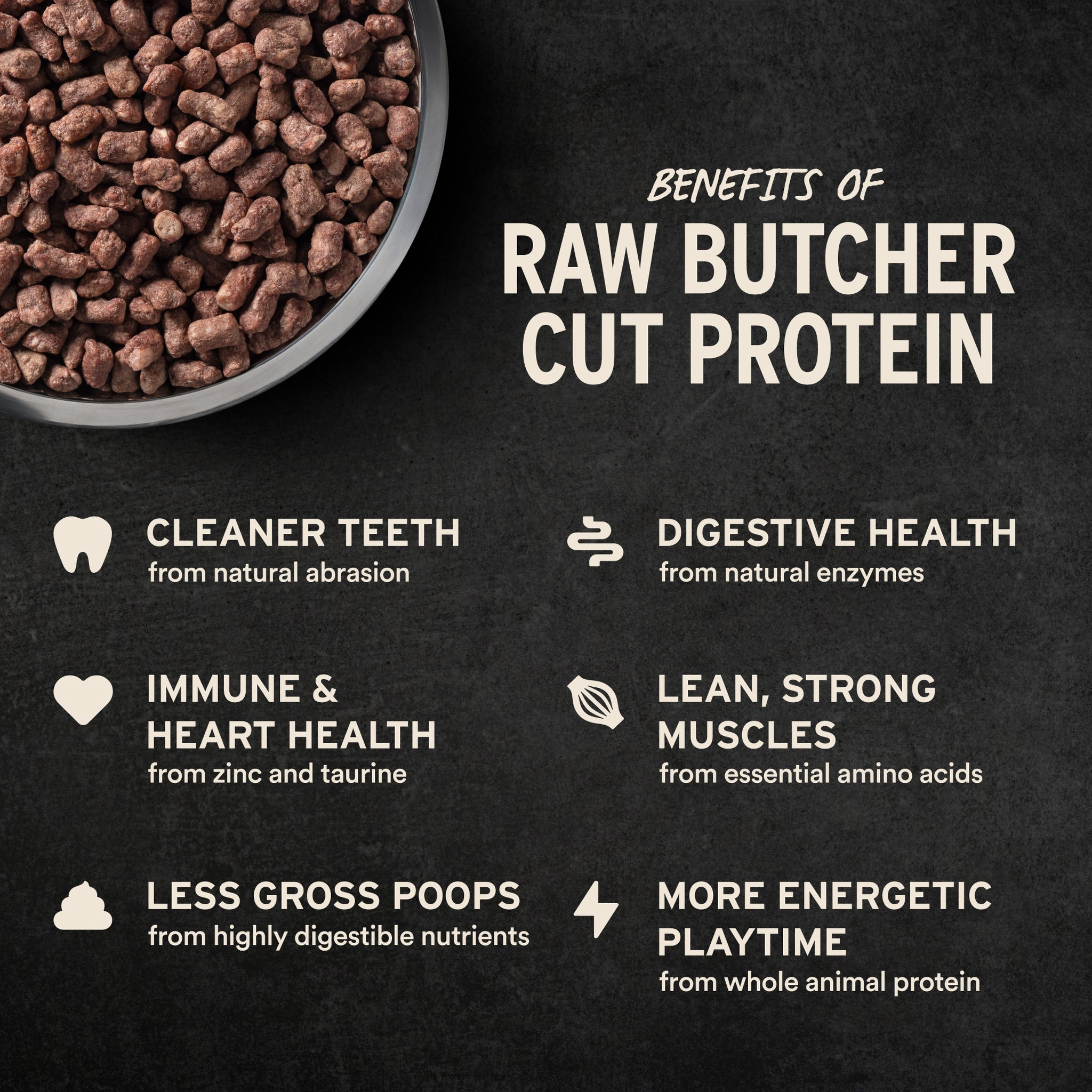 Benefits of raw butcher cut protein: cleaner teeth, digestive health, immune and heart health, lean strong muscles