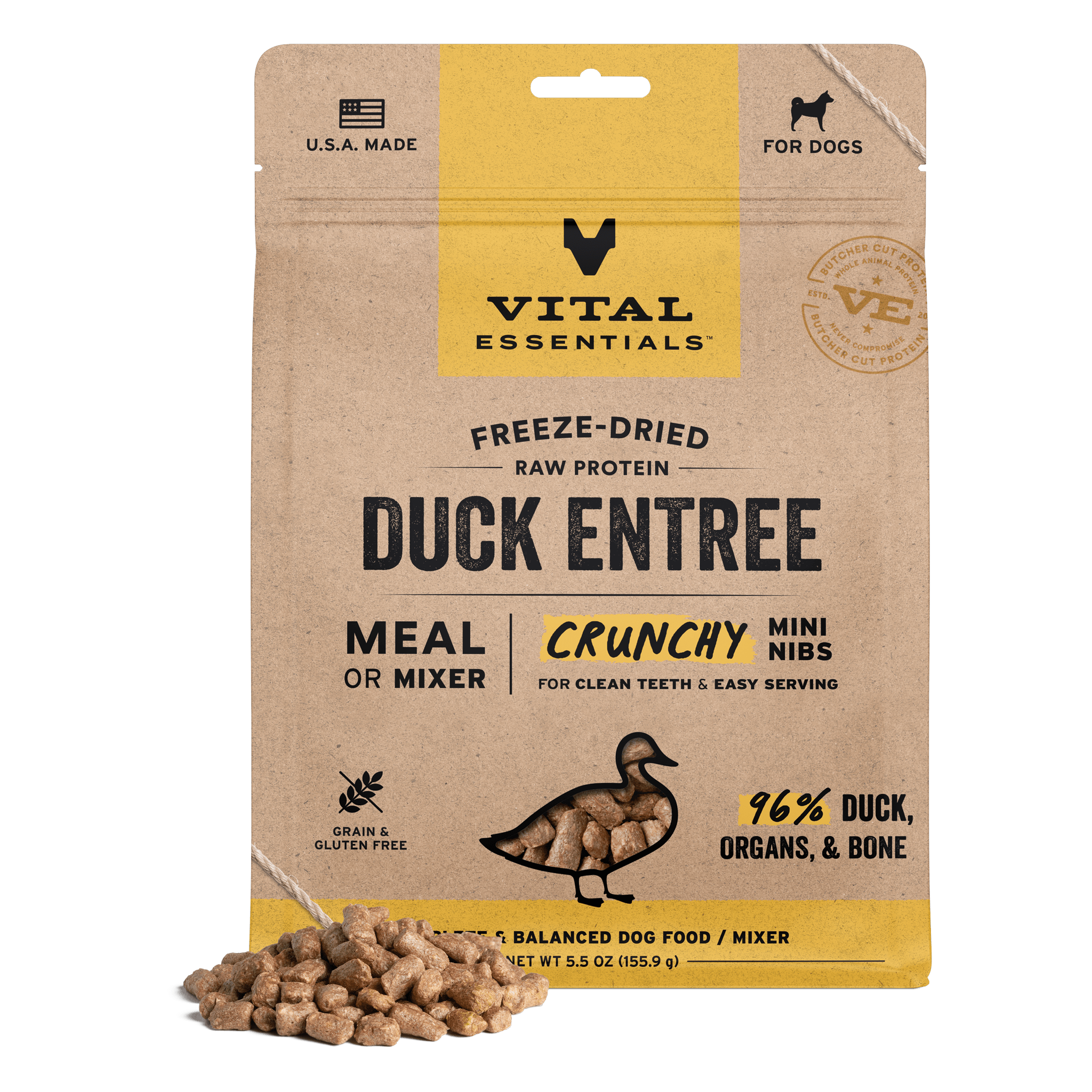 Vital Essentials Freeze-Dried Raw Duck Entree Crunchy Mini Nibs dog food bag front with a pile of nibs