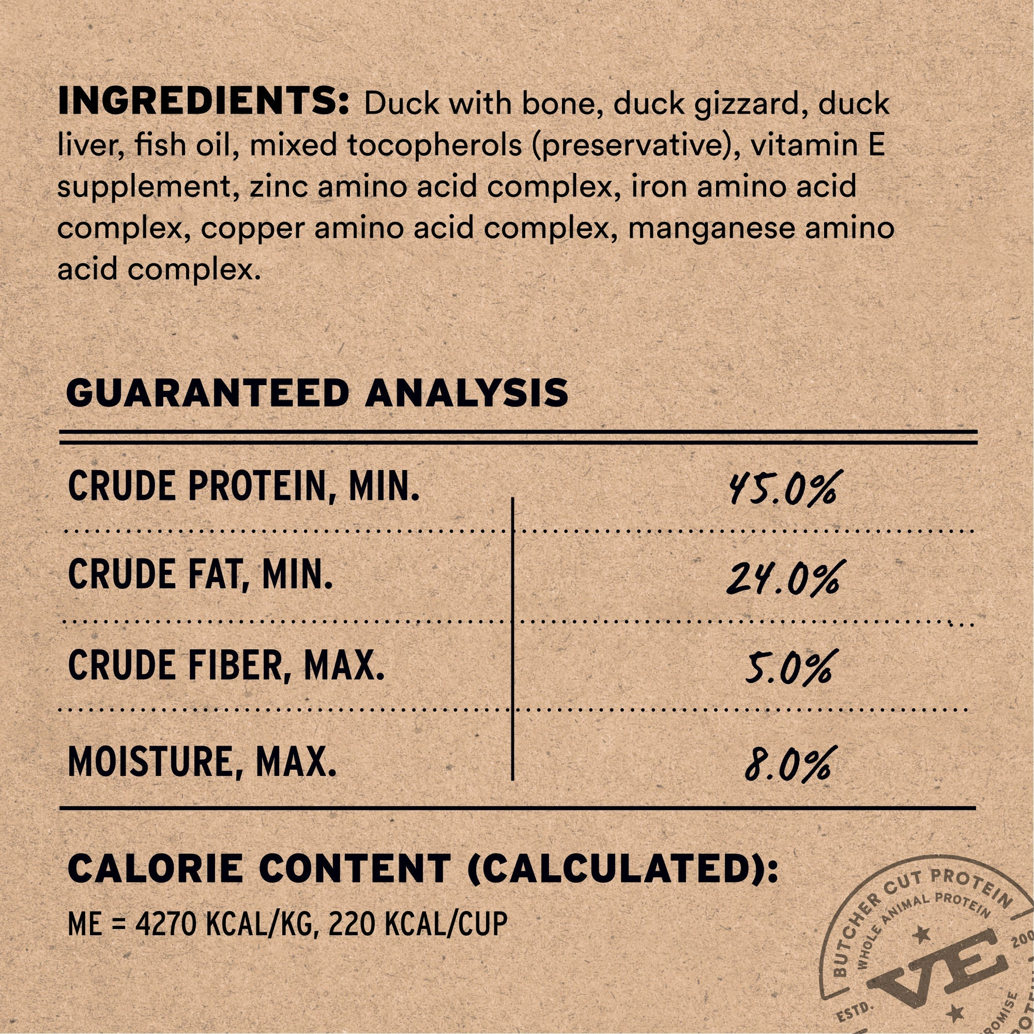 Duck recipe ingredients list, guaranteed analysis, and calorie content