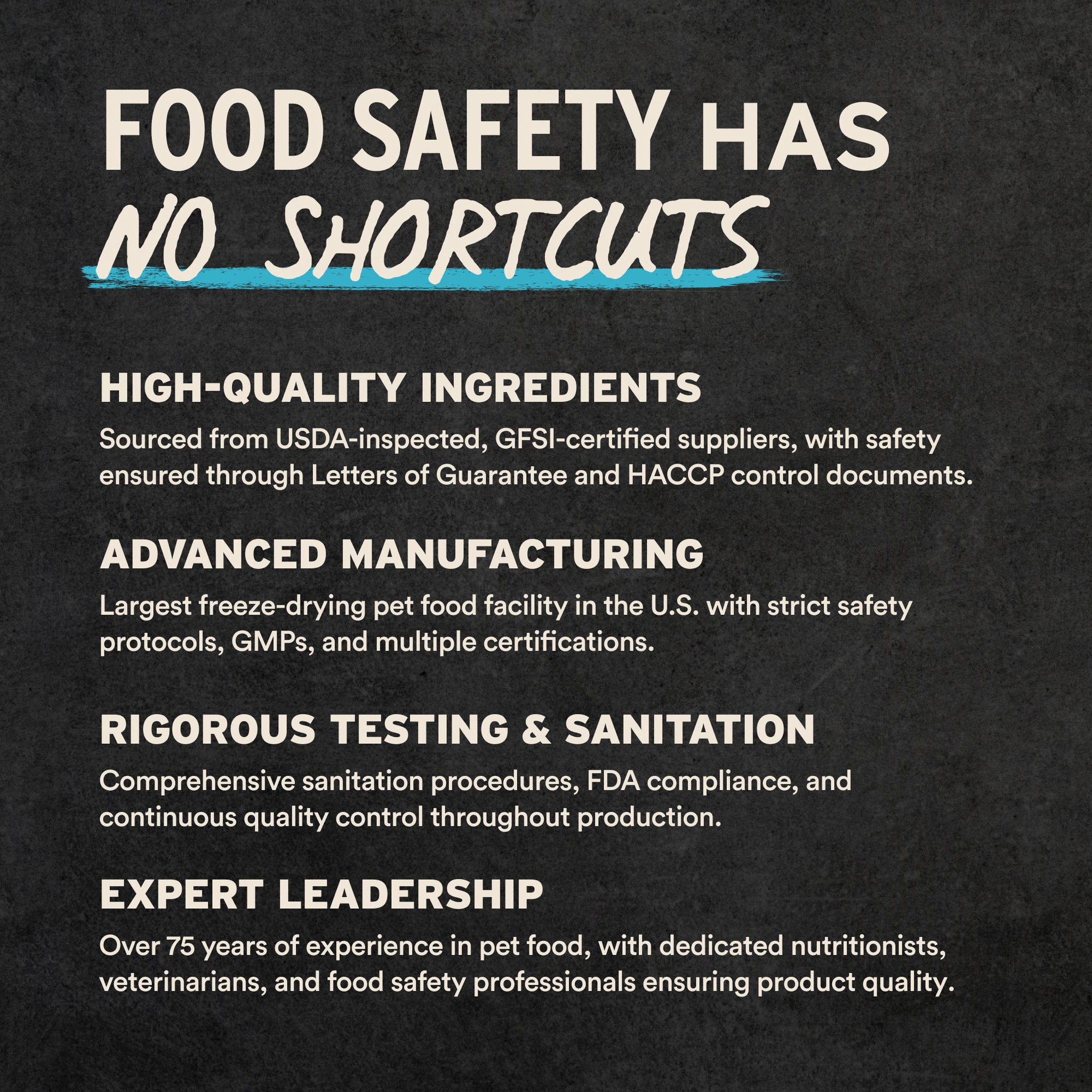 Food safety standards: USDA-inspected ingredients, advanced testing, and safe handling