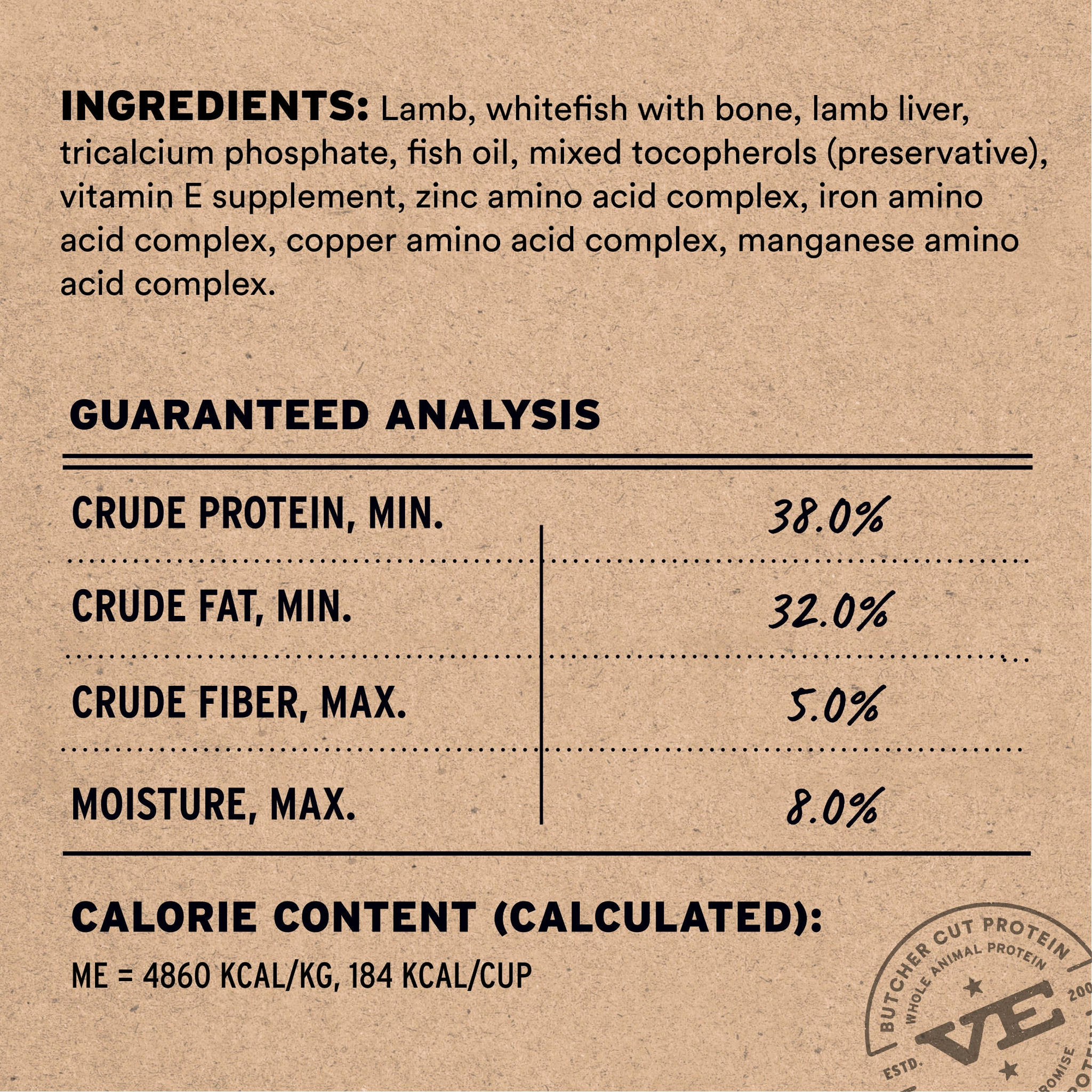 Lamb and whitefish recipe ingredients list, guaranteed analysis, and calorie content