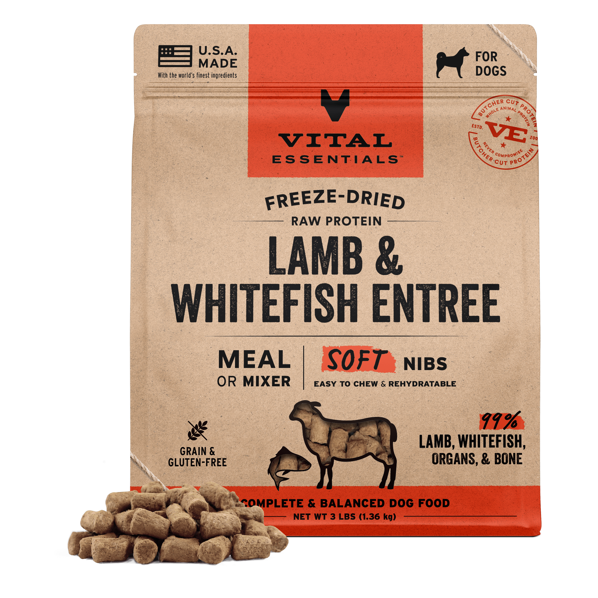 Vital Essentials Freeze-Dried Raw Lamb & Whitefish Entree Soft Nibs dog food 3 lb bag with nib pile