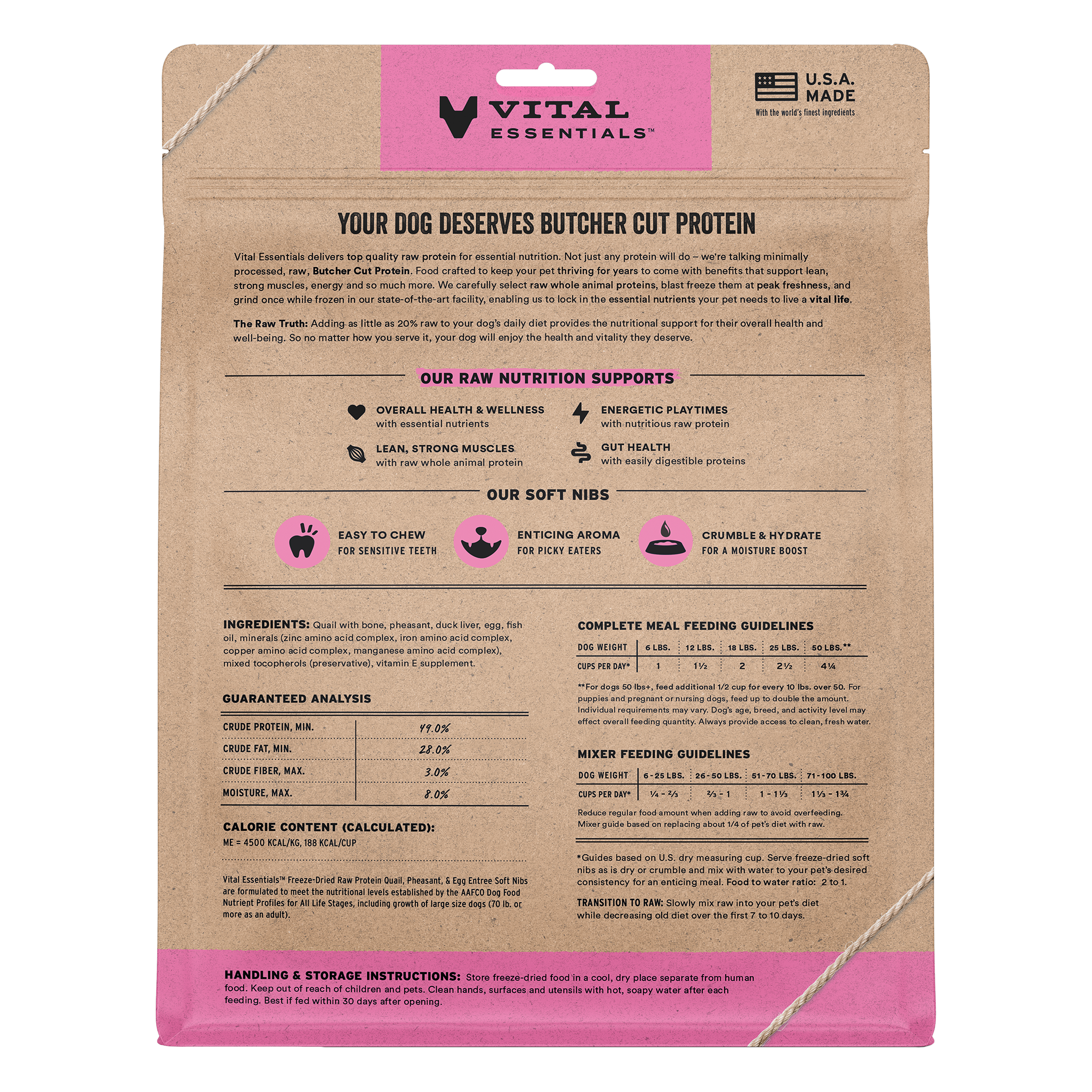 Back of the Quail, Pheasant and Egg soft nibs bag with ingredients, guaranteed analysis and feeding guidelines