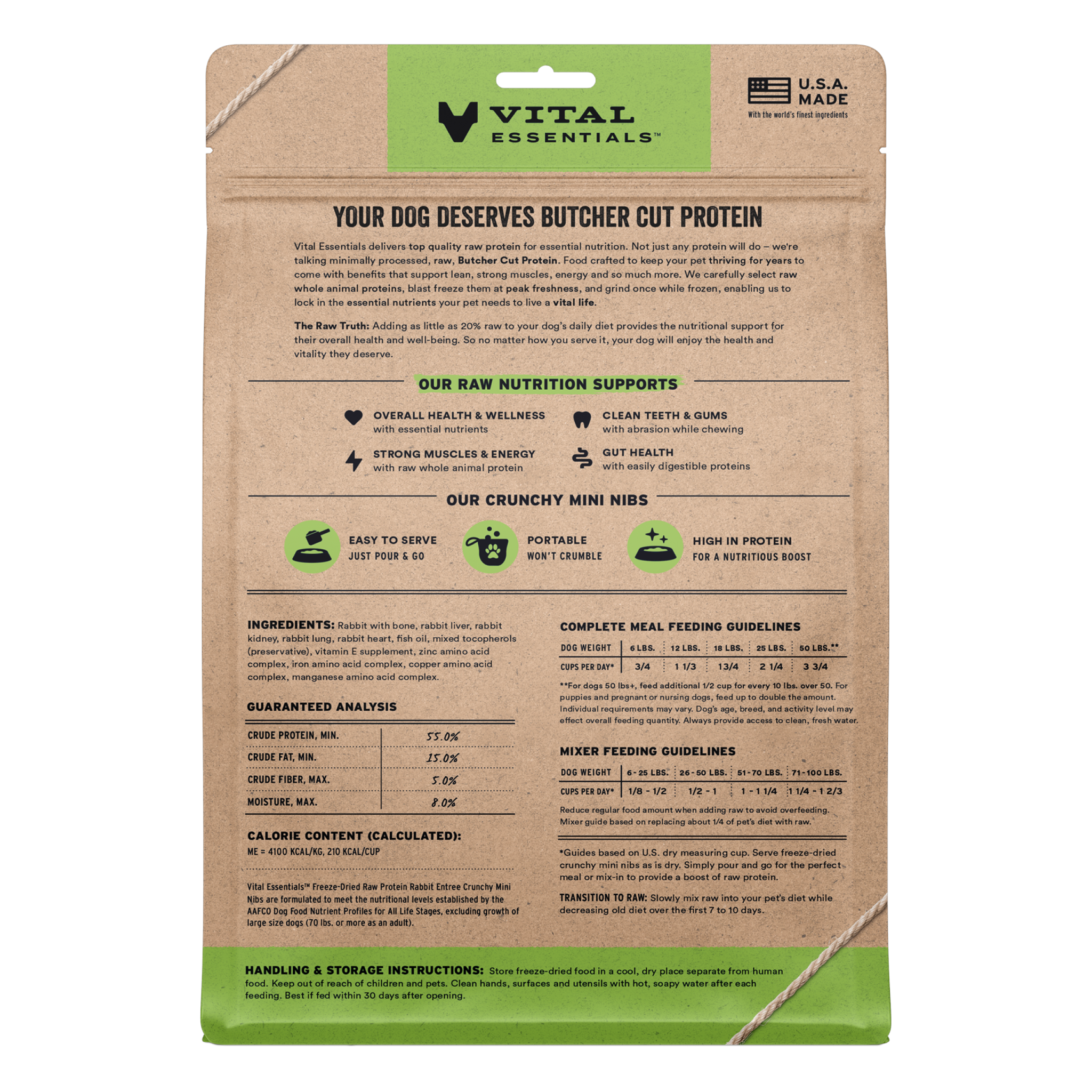 Back of the 14 oz Rabbit Entree crunchy mini nibs bag with feeding guides