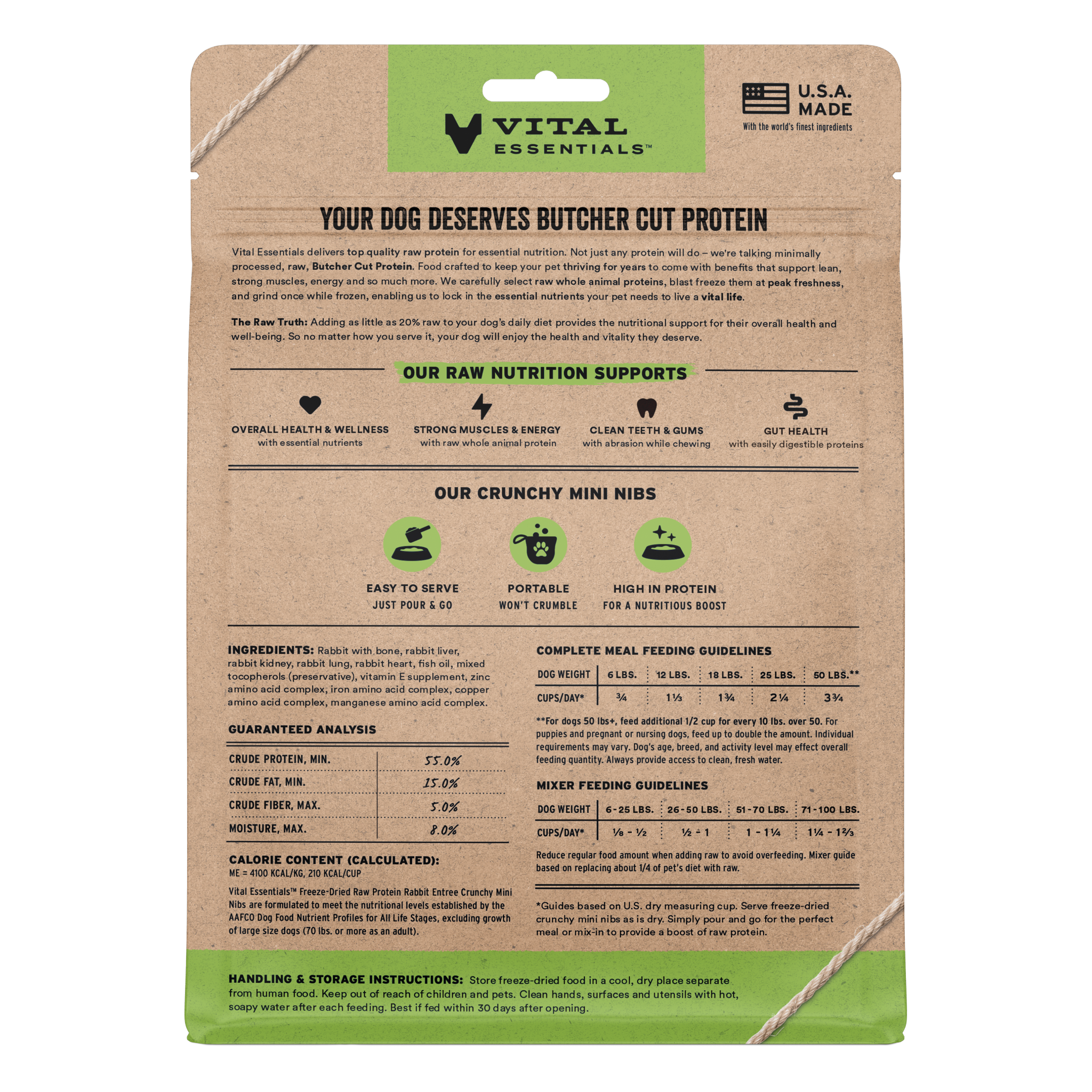 Back of the 5.5 oz Rabbit Entree crunchy mini nibs bag with feeding guides