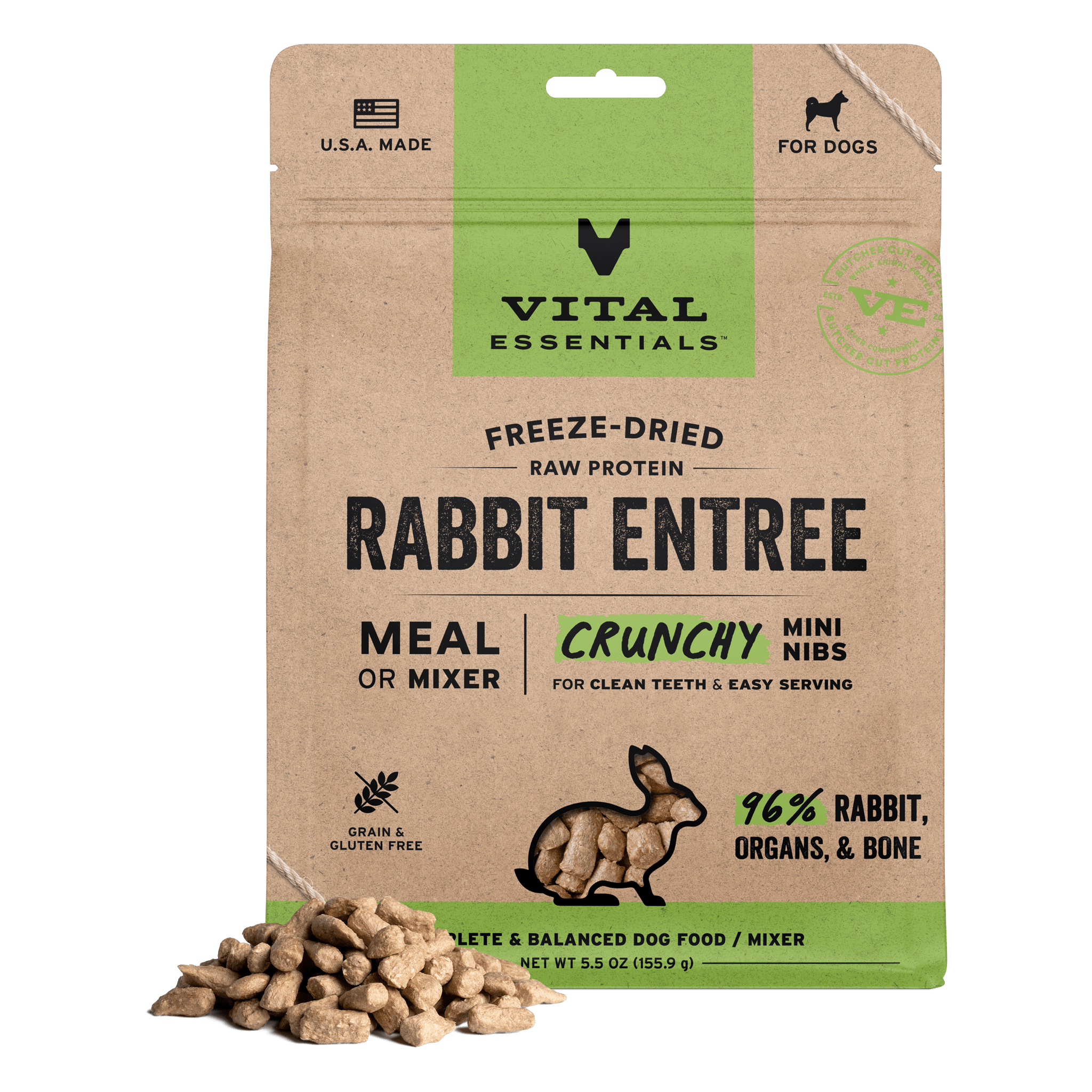 Vital Essentials Freeze-Dried Raw Rabbit Entree Crunchy Mini Nibs dog food bag front with a pile of nibs