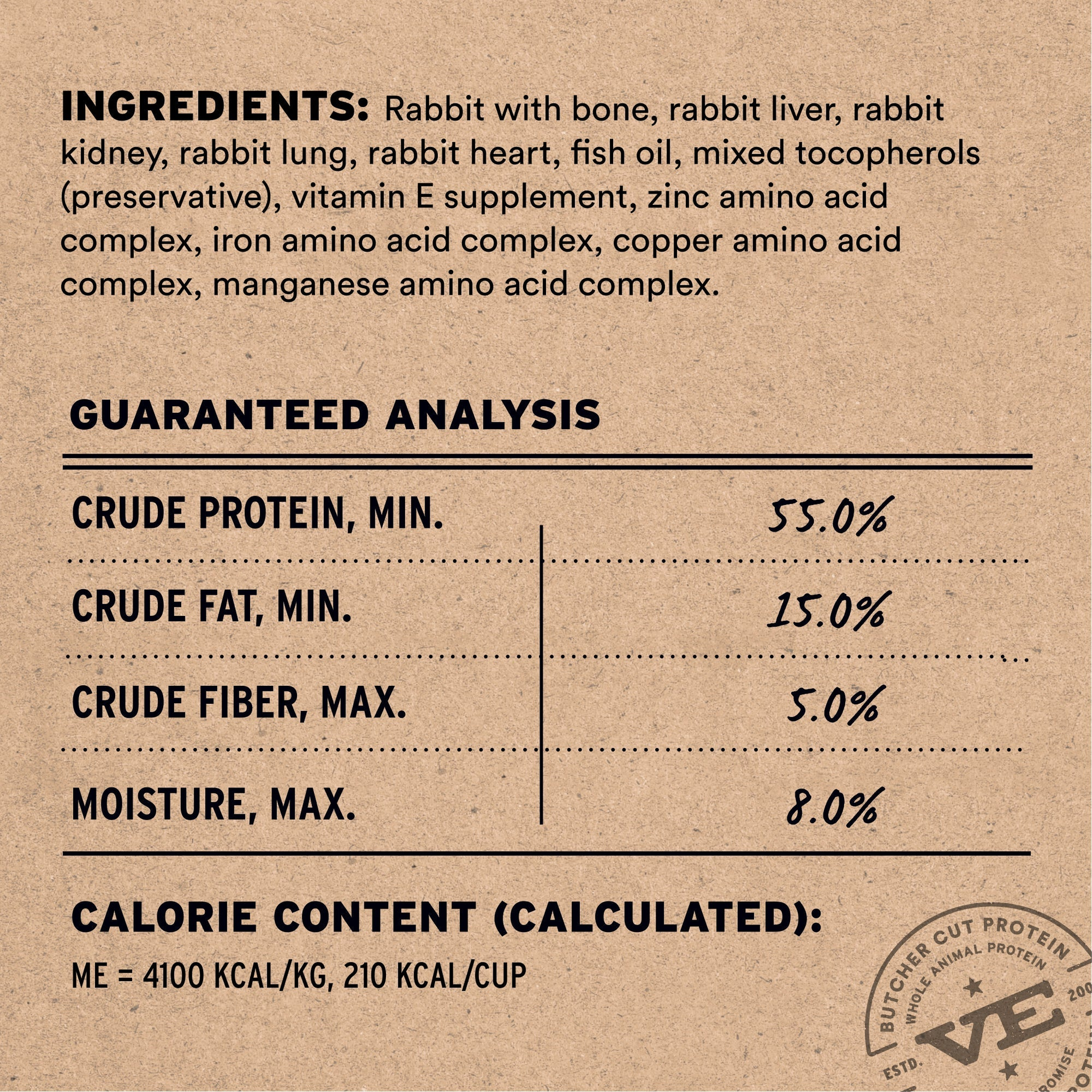 Rabbit recipe ingredients list, guaranteed analysis, and calorie content