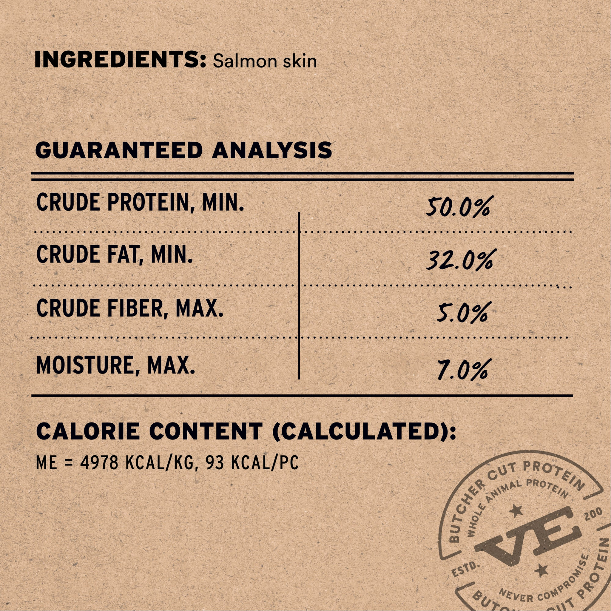 Salmon Skins chew single ingredient, guaranteed analysis and calorie content