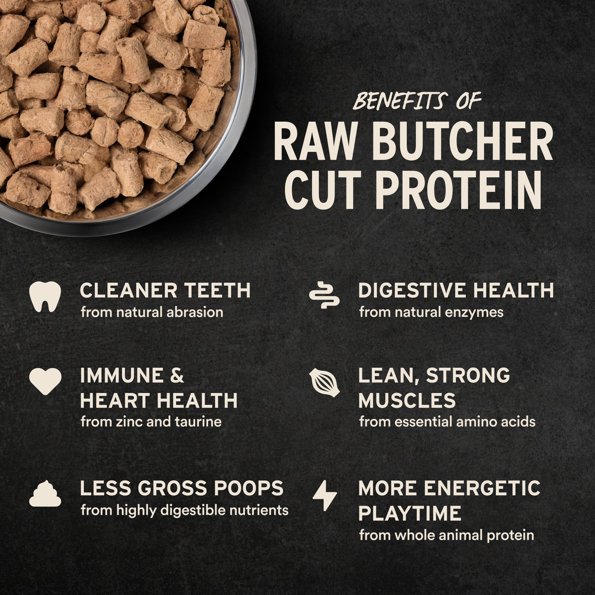 Soft nibs benefits of raw butcher cut protein: easy to chew, easy to digest, and rich in nutrients