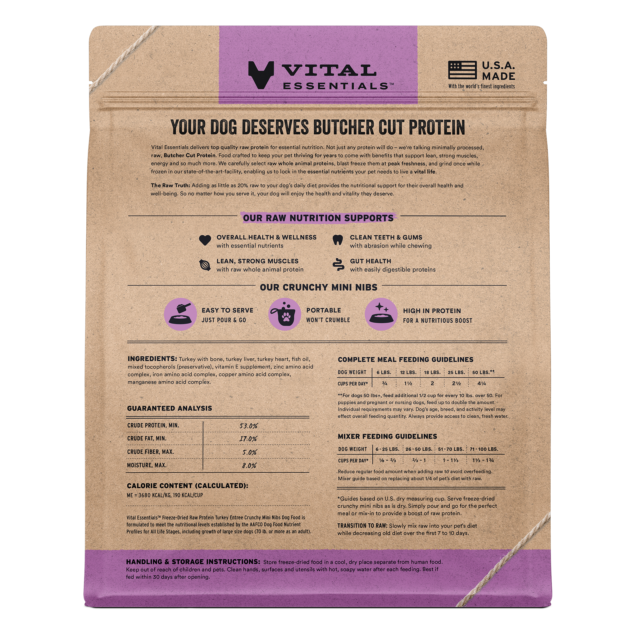 Back of the Turkey Entree crunchy mini nibs bag with ingredients, guaranteed analysis, and feeding guide