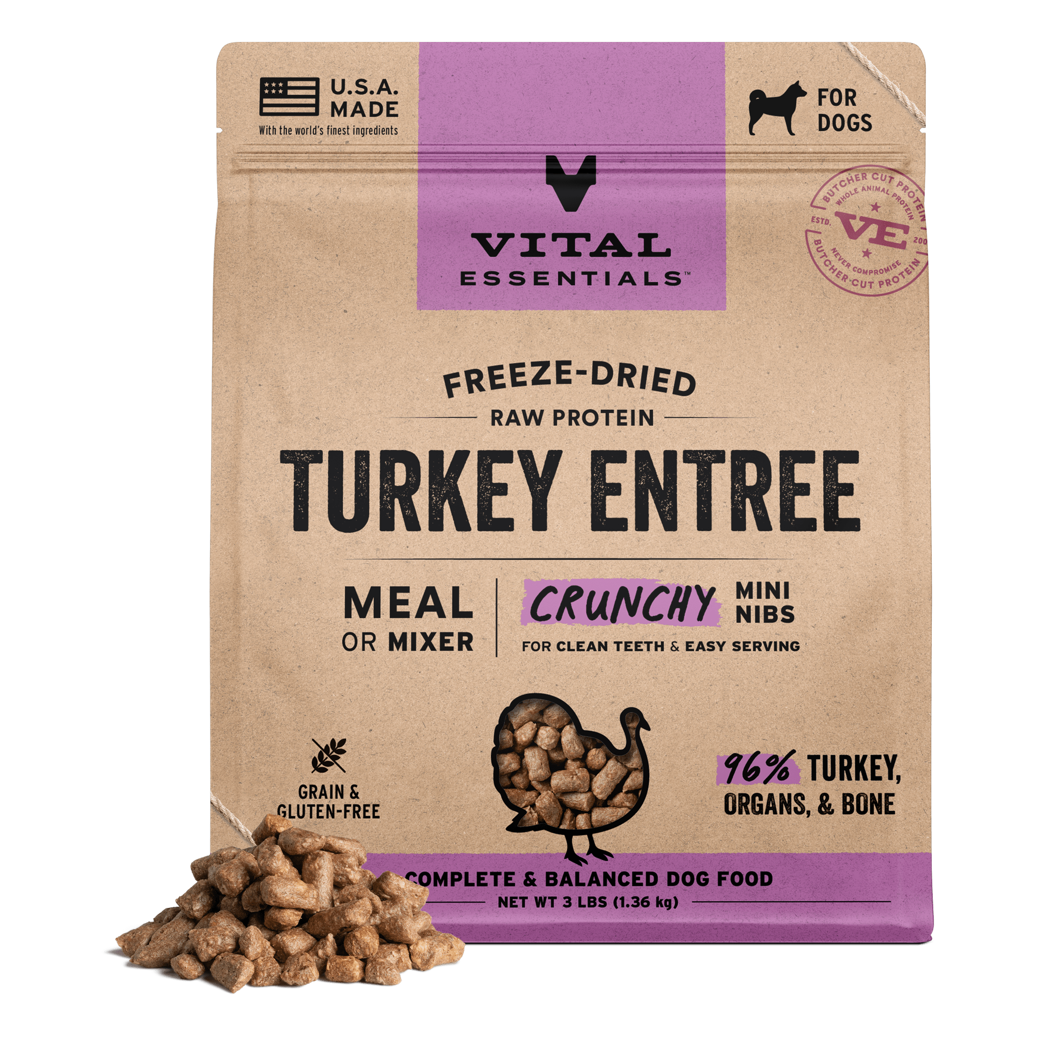Vital Essentials Freeze-Dried Raw Turkey Entree Crunchy Mini Nibs dog food 3 lb bag with kibble pile